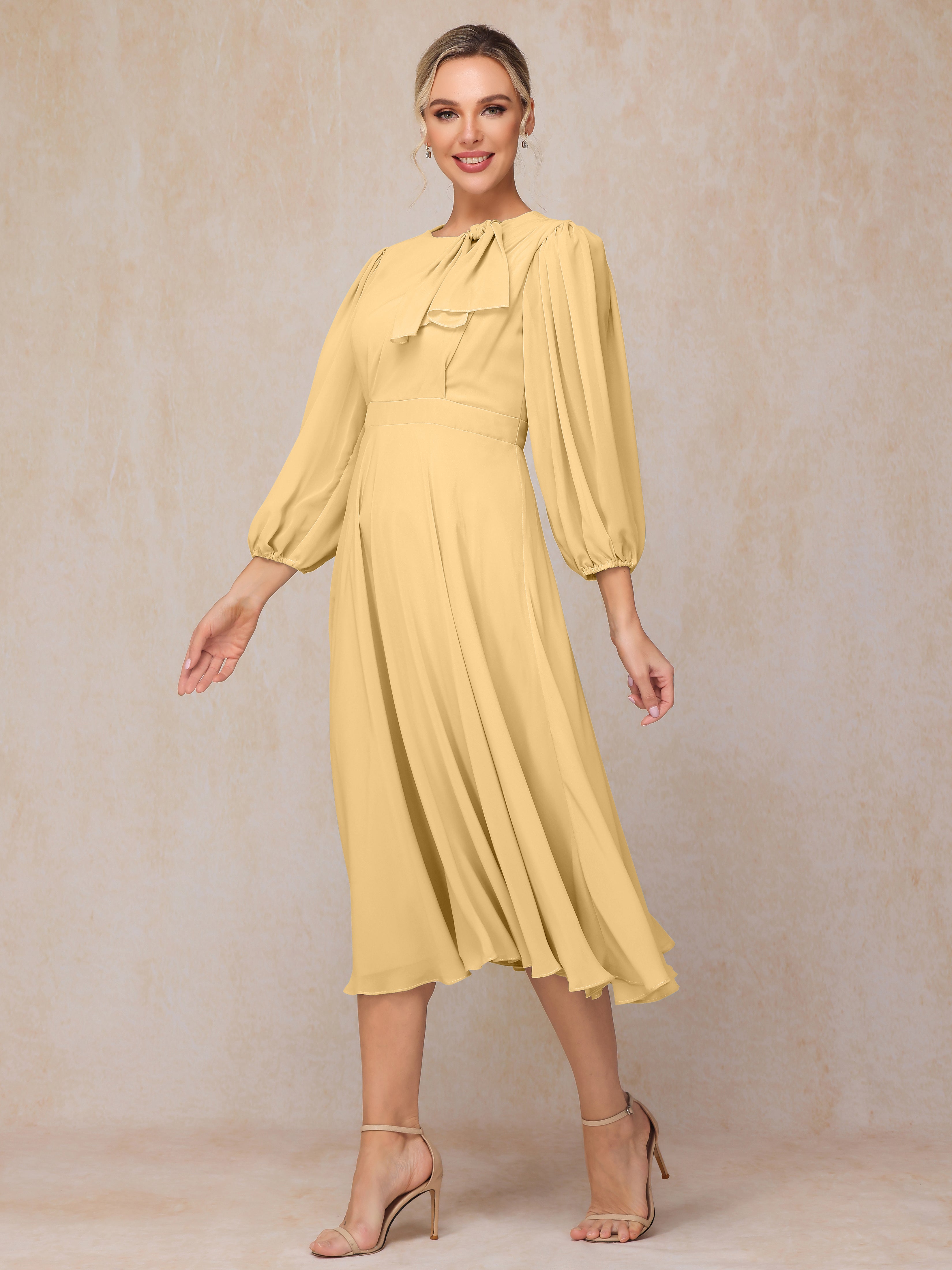 Long Sleeves A Line Tea Length Chiffon Wedding Guest Dresses