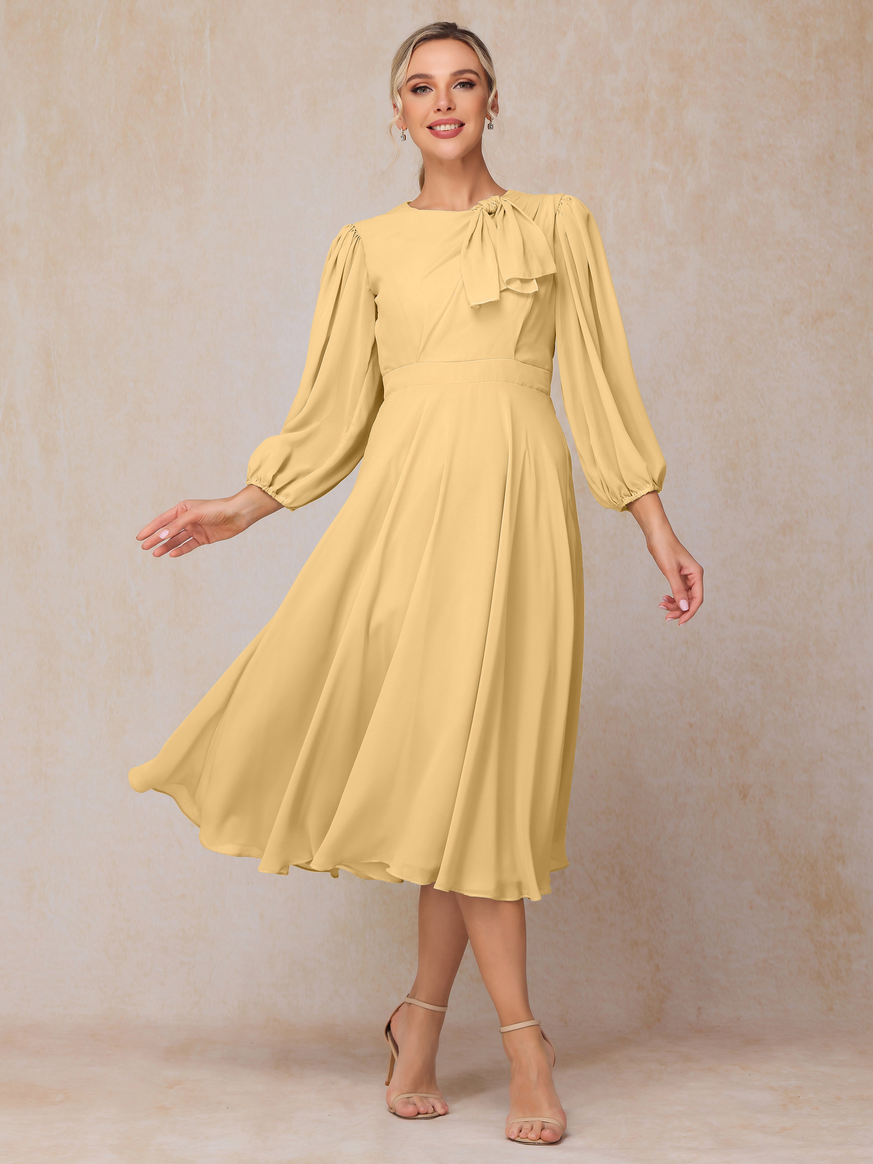 Long Sleeves A Line Tea Length Chiffon Wedding Guest Dresses