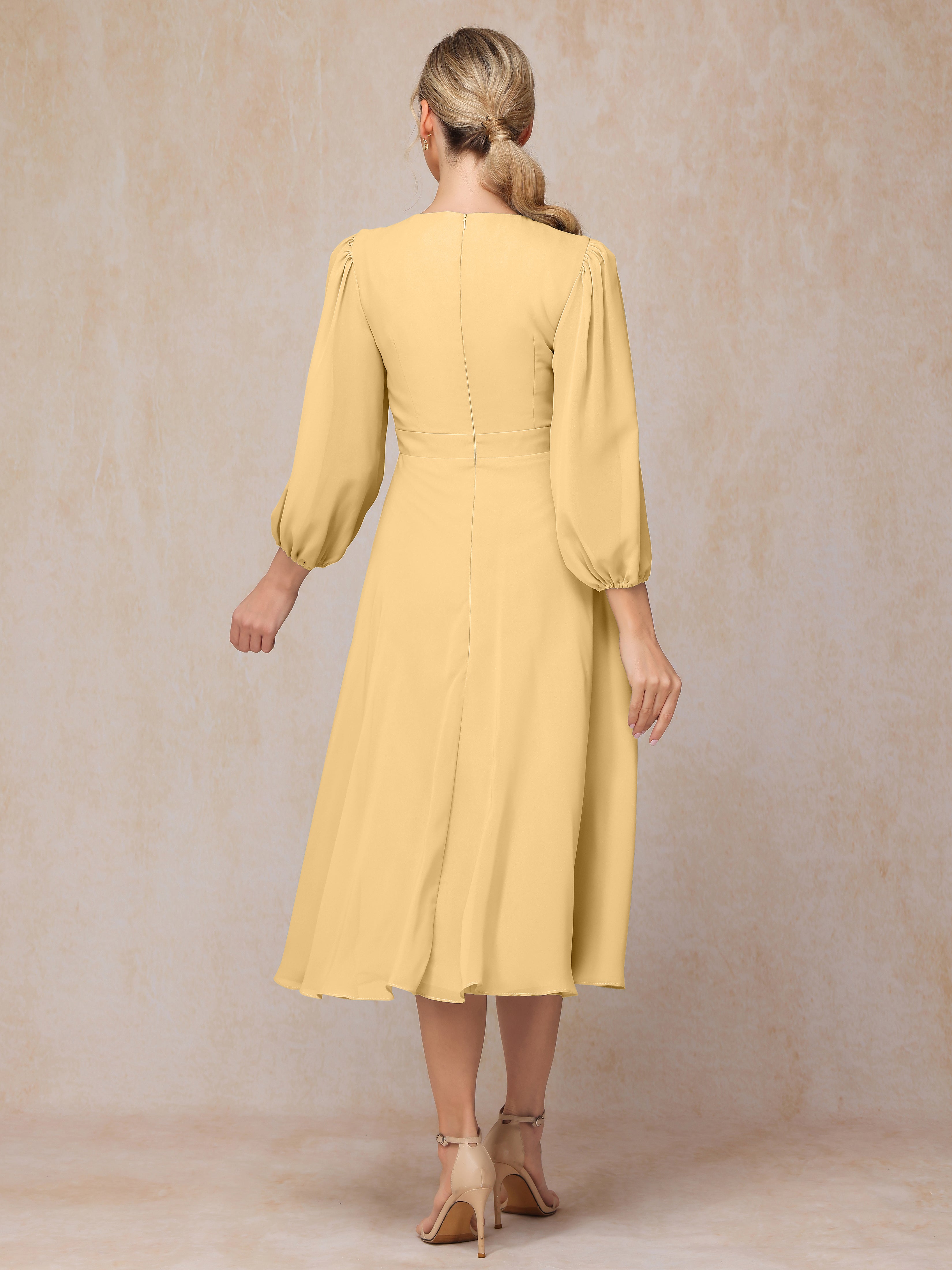 Long Sleeves A Line Tea Length Chiffon Wedding Guest Dresses