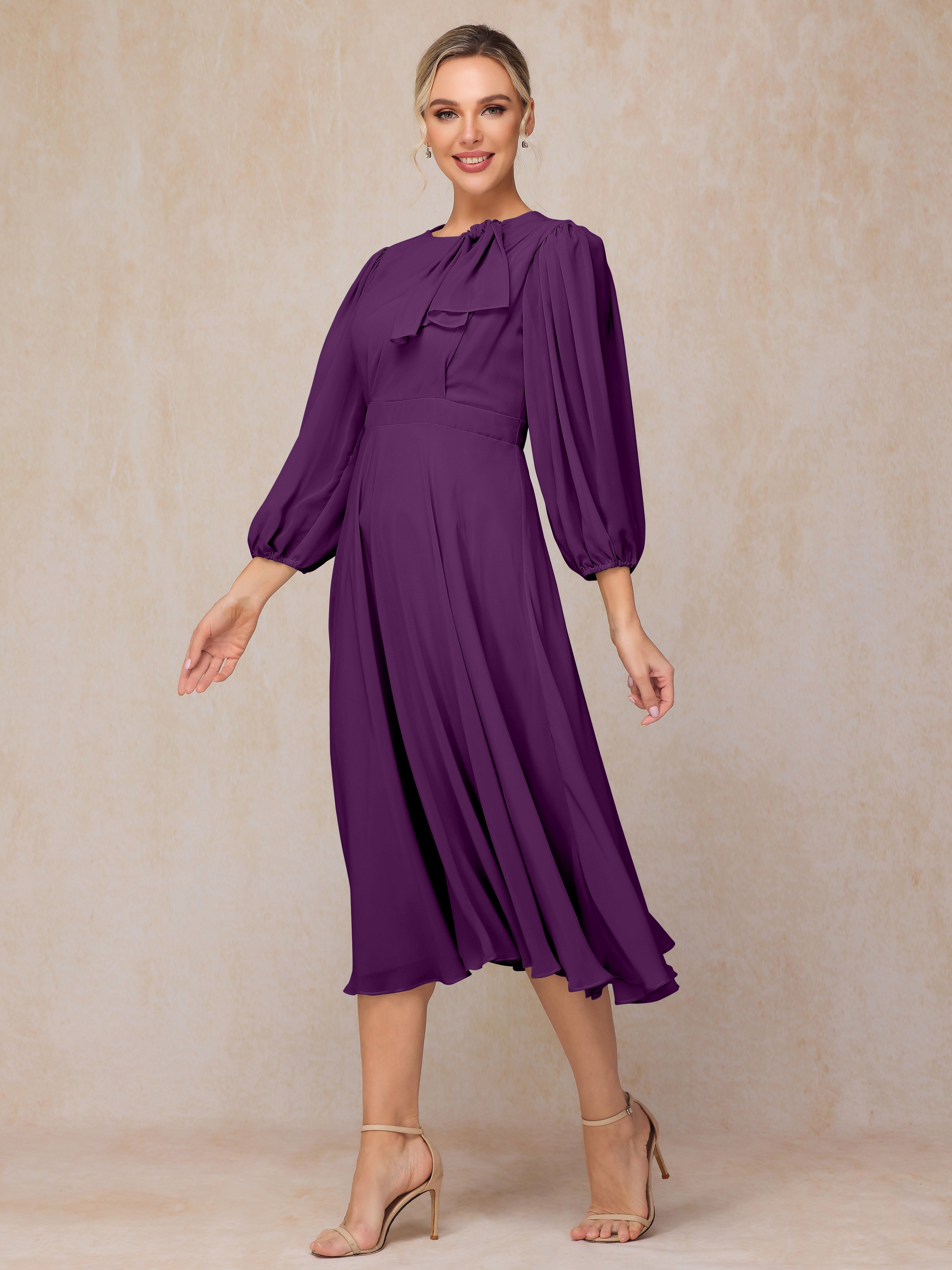 Long Sleeves A Line Tea Length Chiffon Wedding Guest Dresses