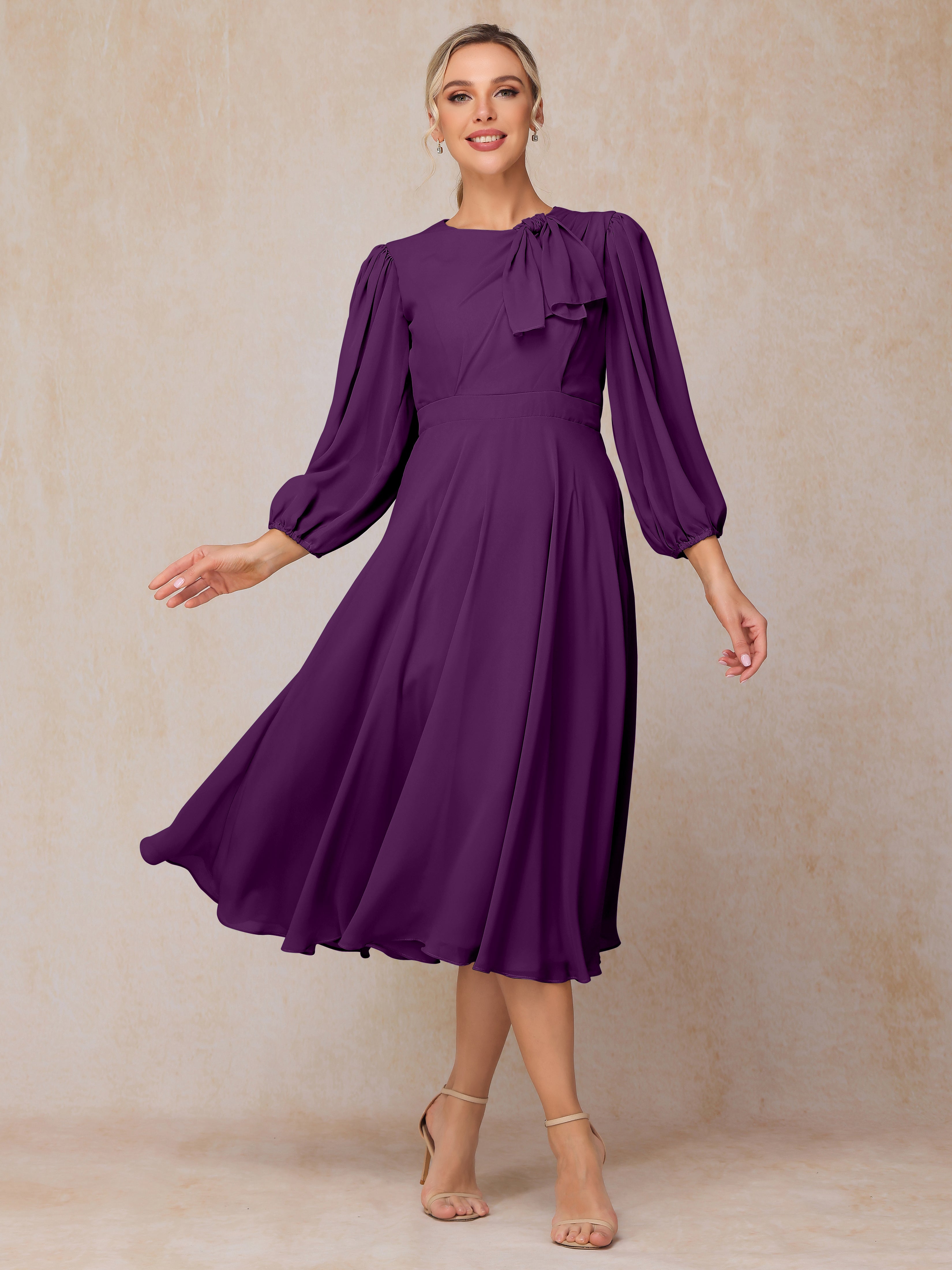 Long Sleeves A Line Tea Length Chiffon Wedding Guest Dresses
