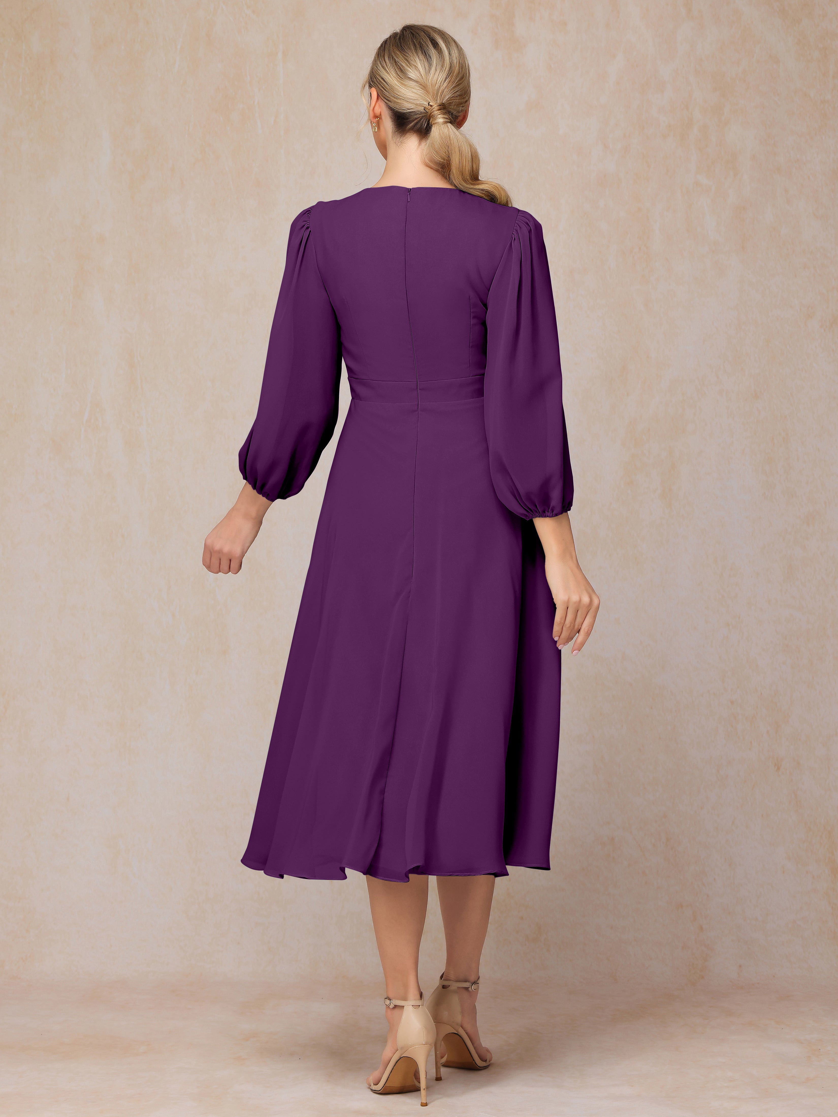 Long Sleeves A Line Tea Length Chiffon Wedding Guest Dresses