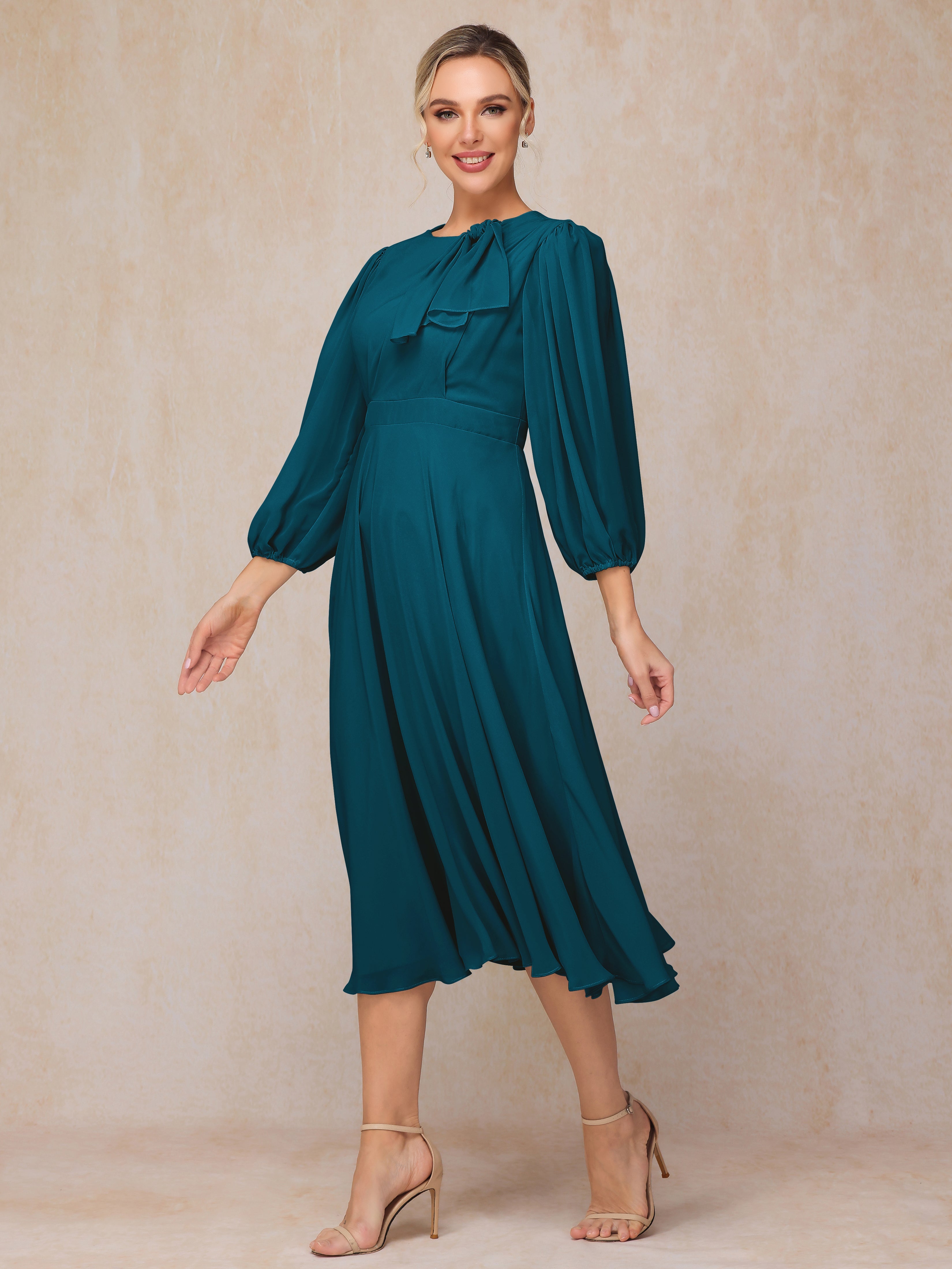 Long Sleeves A Line Tea Length Chiffon Wedding Guest Dresses