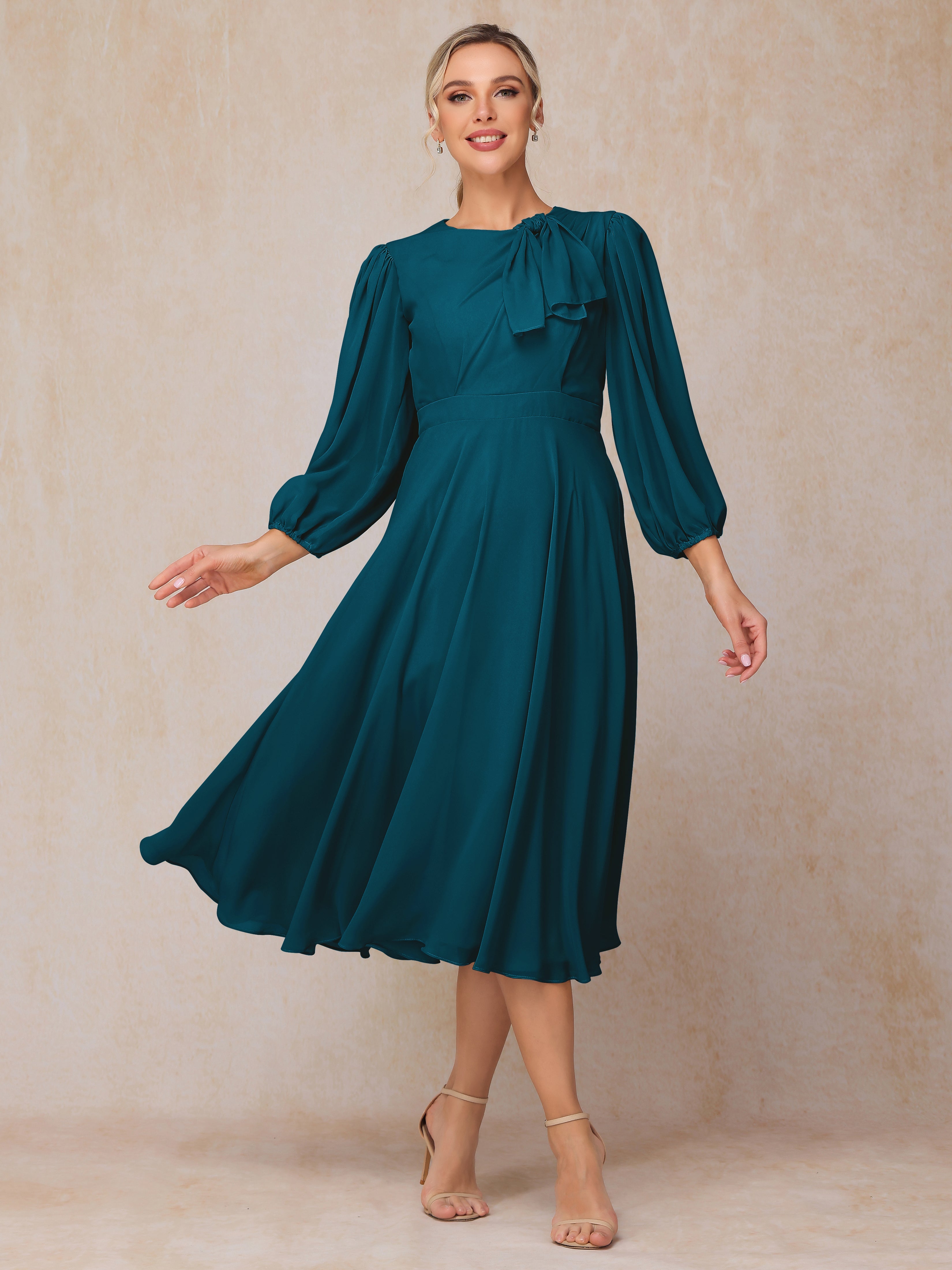 Long Sleeves A Line Tea Length Chiffon Wedding Guest Dresses