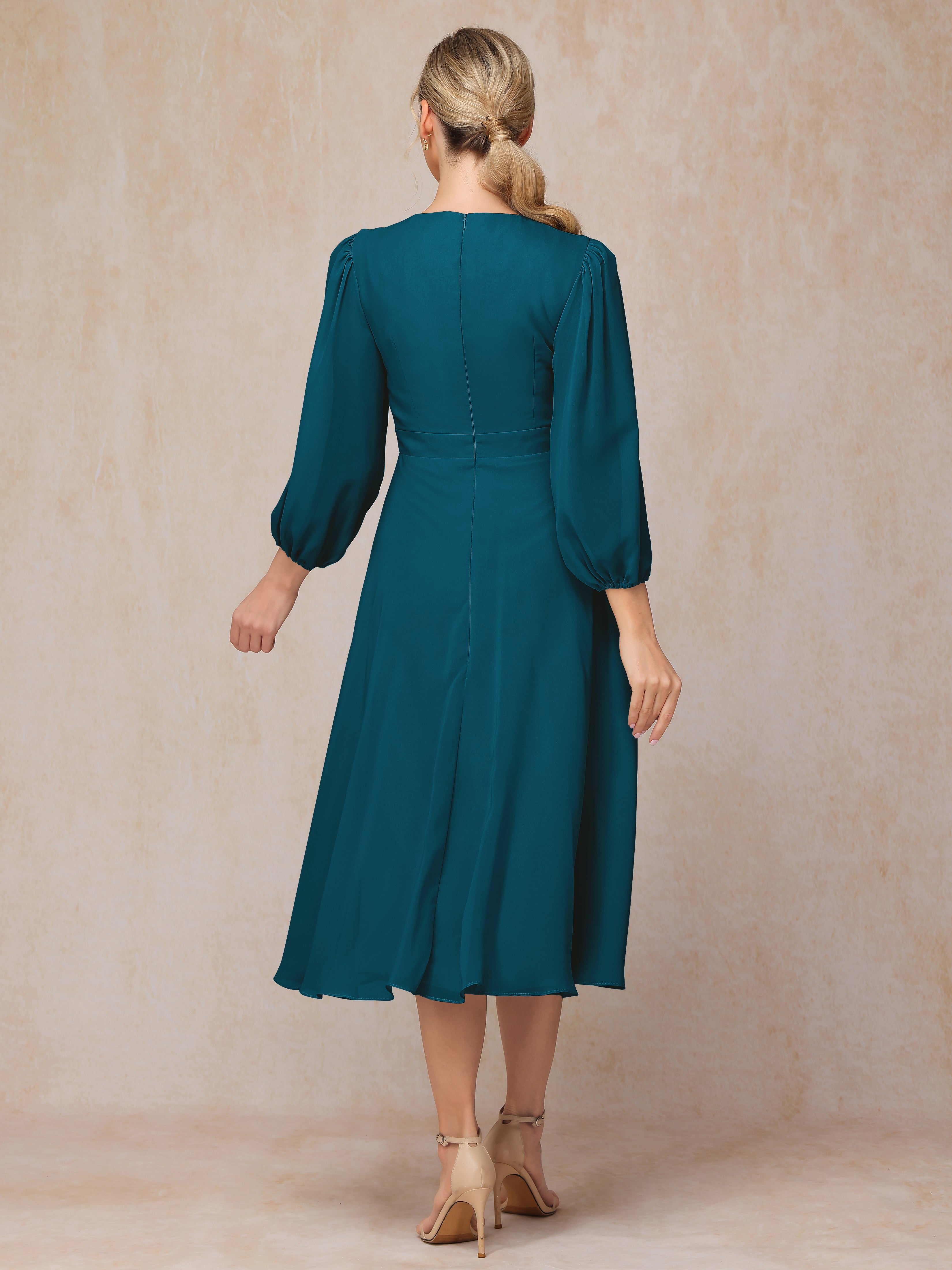 Long Sleeves A Line Tea Length Chiffon Wedding Guest Dresses