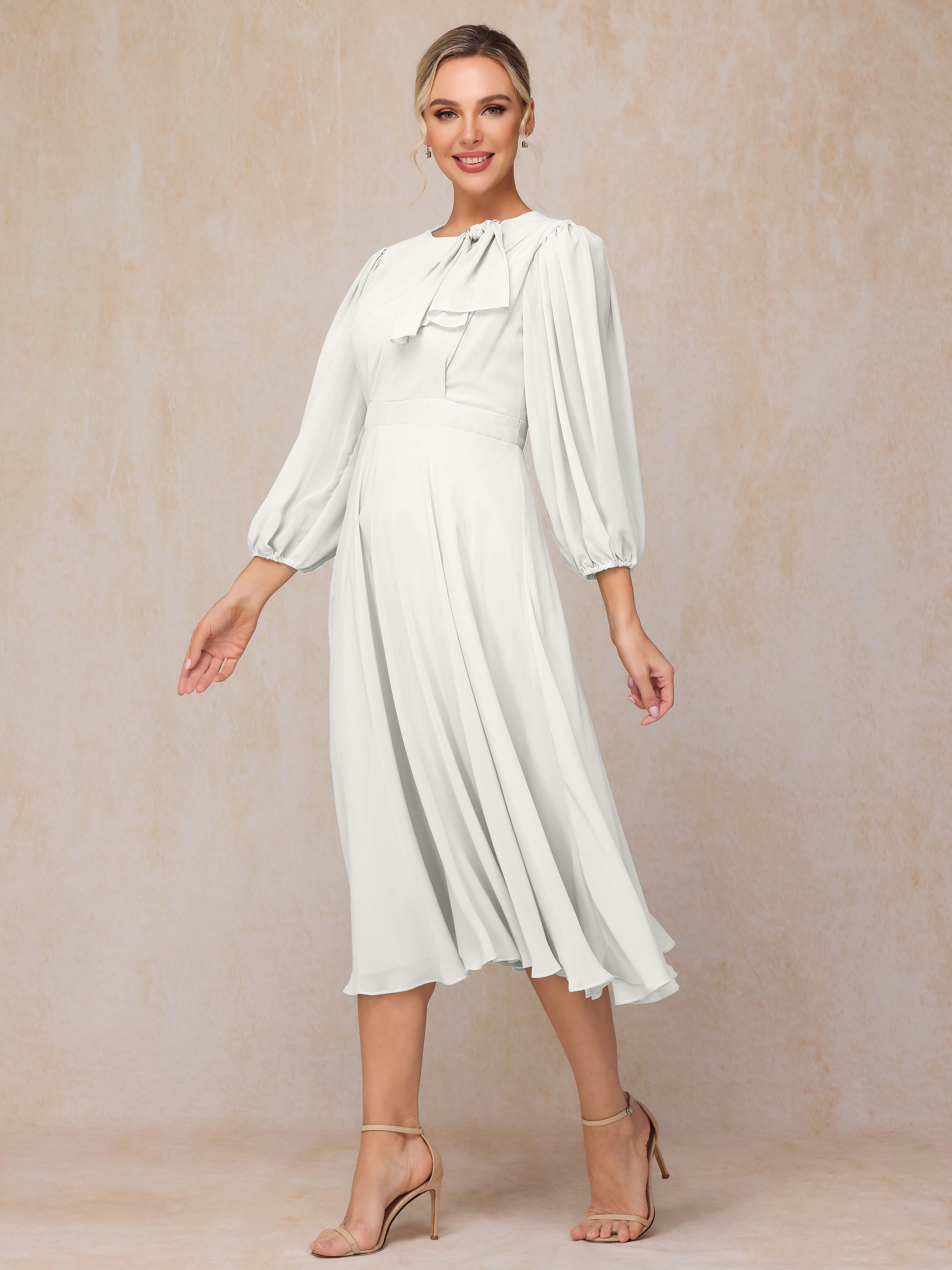Long Sleeves A Line Tea Length Chiffon Wedding Guest Dresses