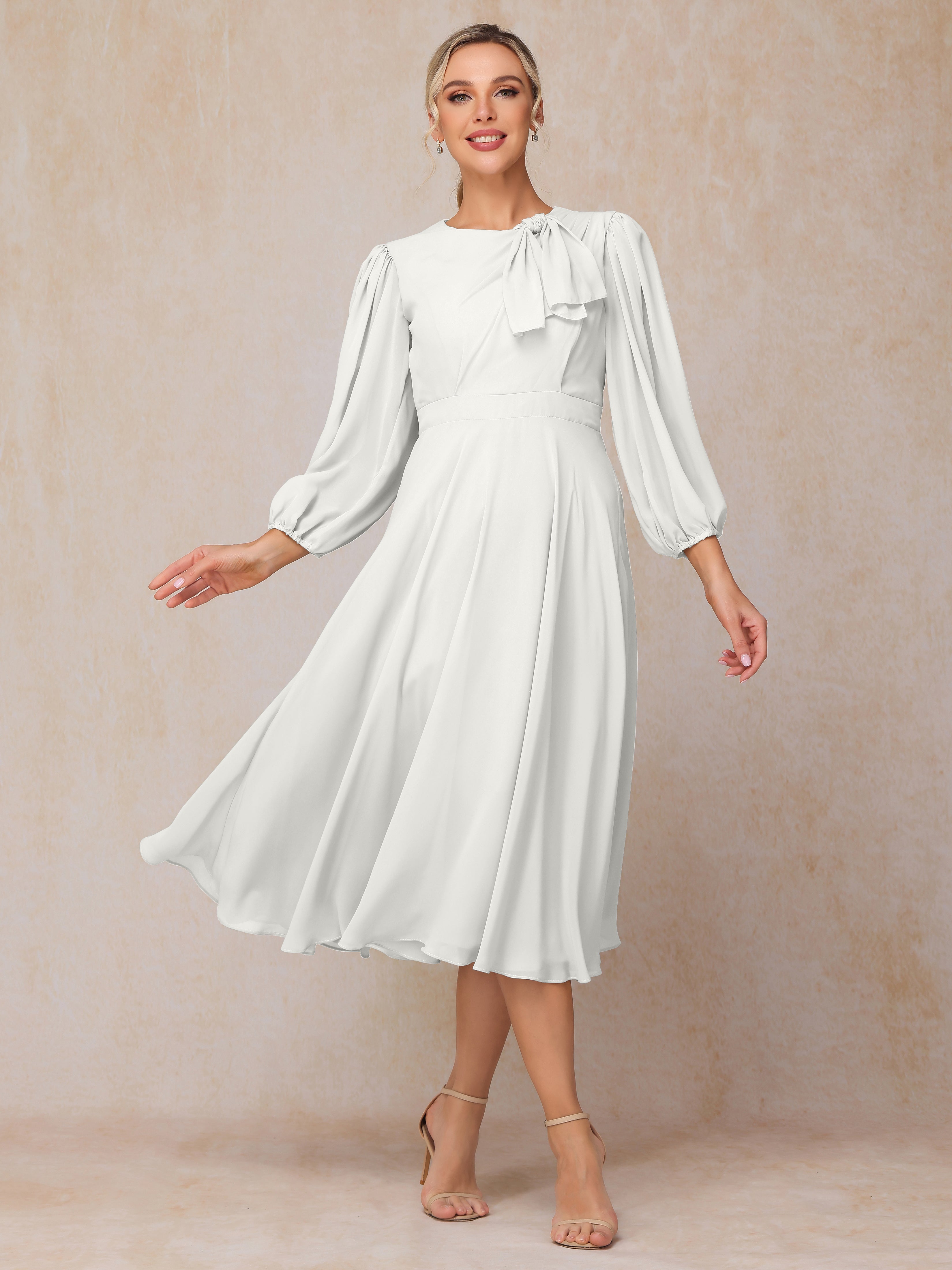 Long Sleeves A Line Tea Length Chiffon Wedding Guest Dresses