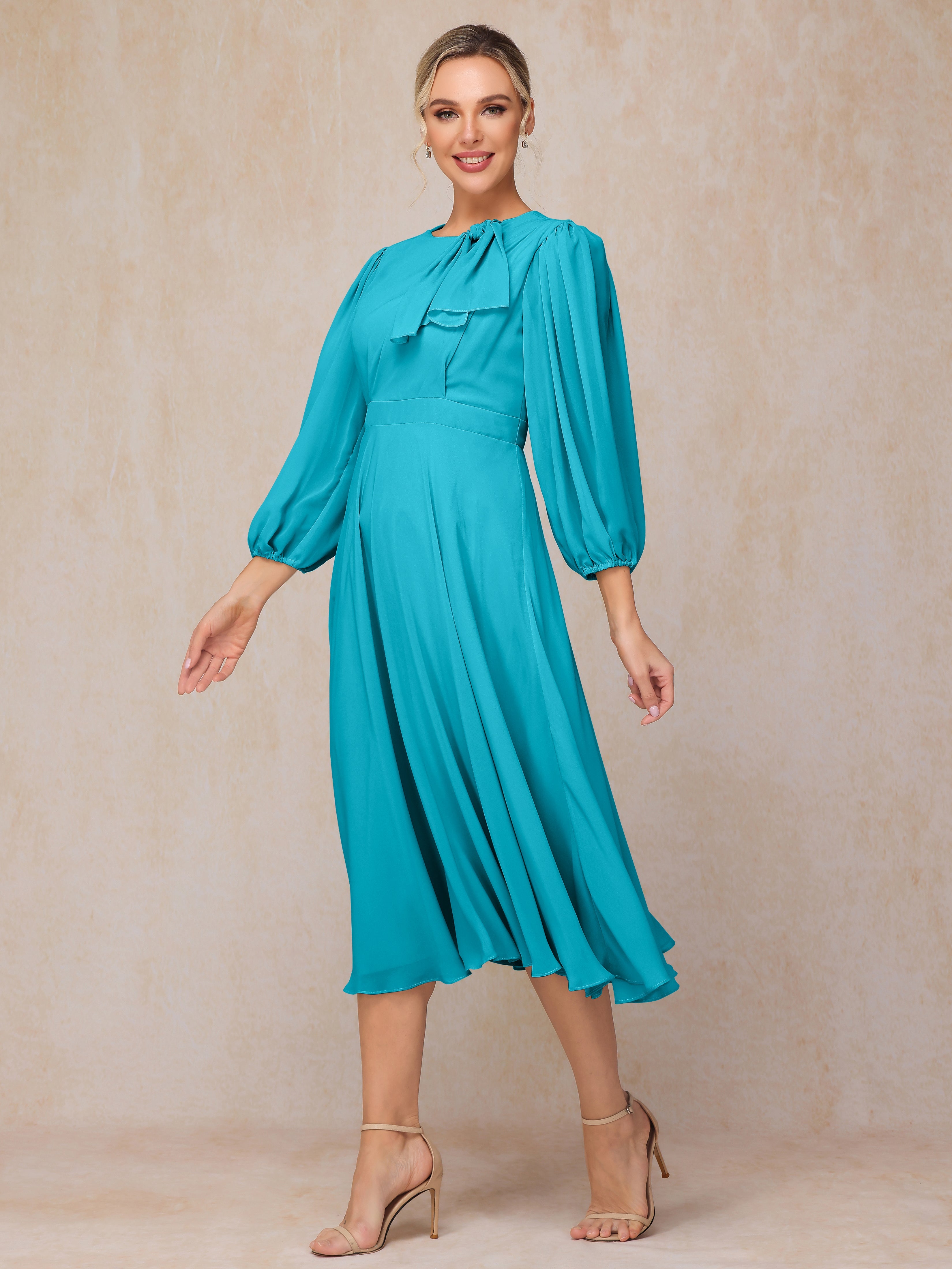 Long Sleeves A Line Tea Length Chiffon Wedding Guest Dresses