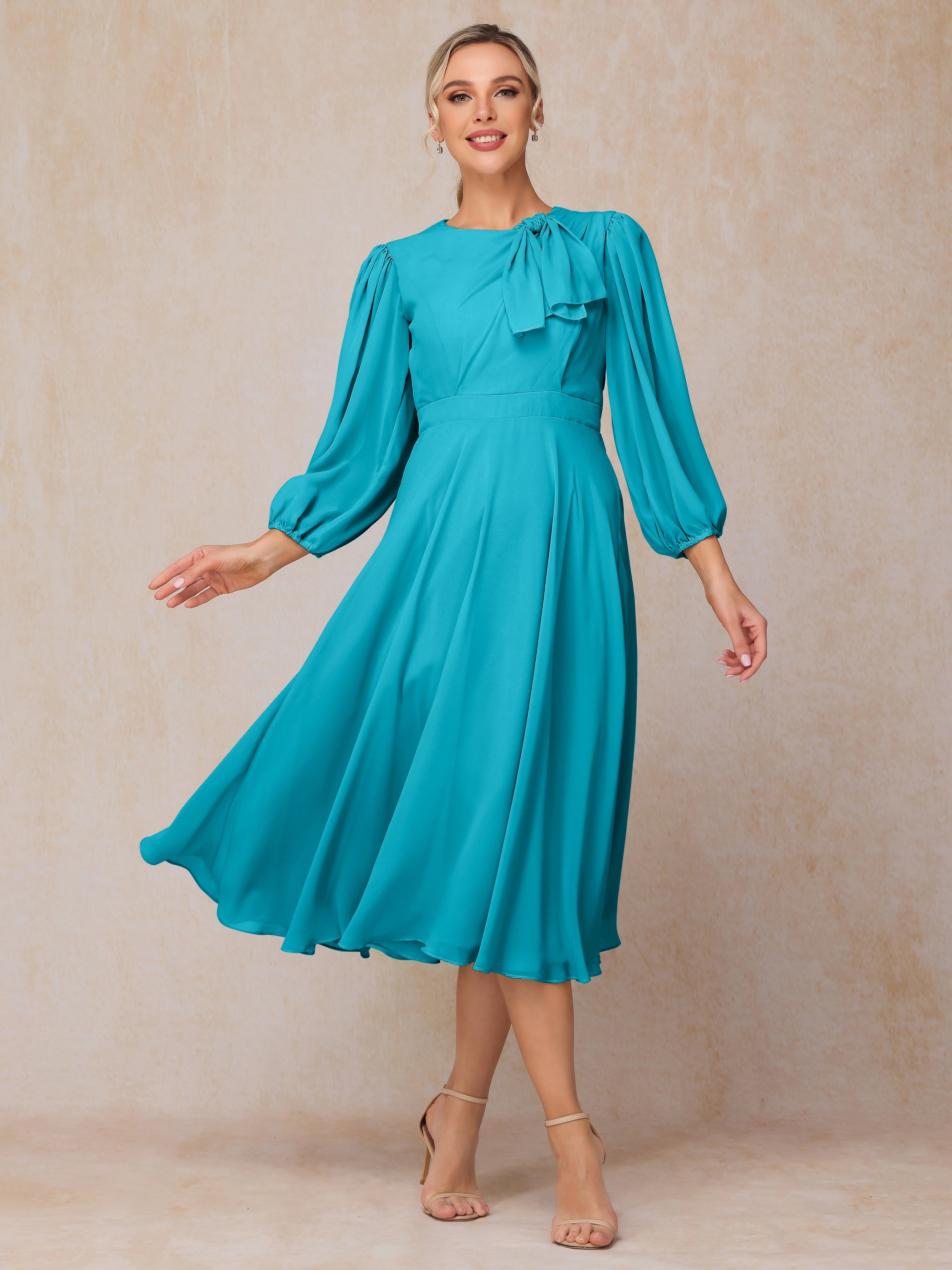 Long Sleeves A Line Tea Length Chiffon Wedding Guest Dresses