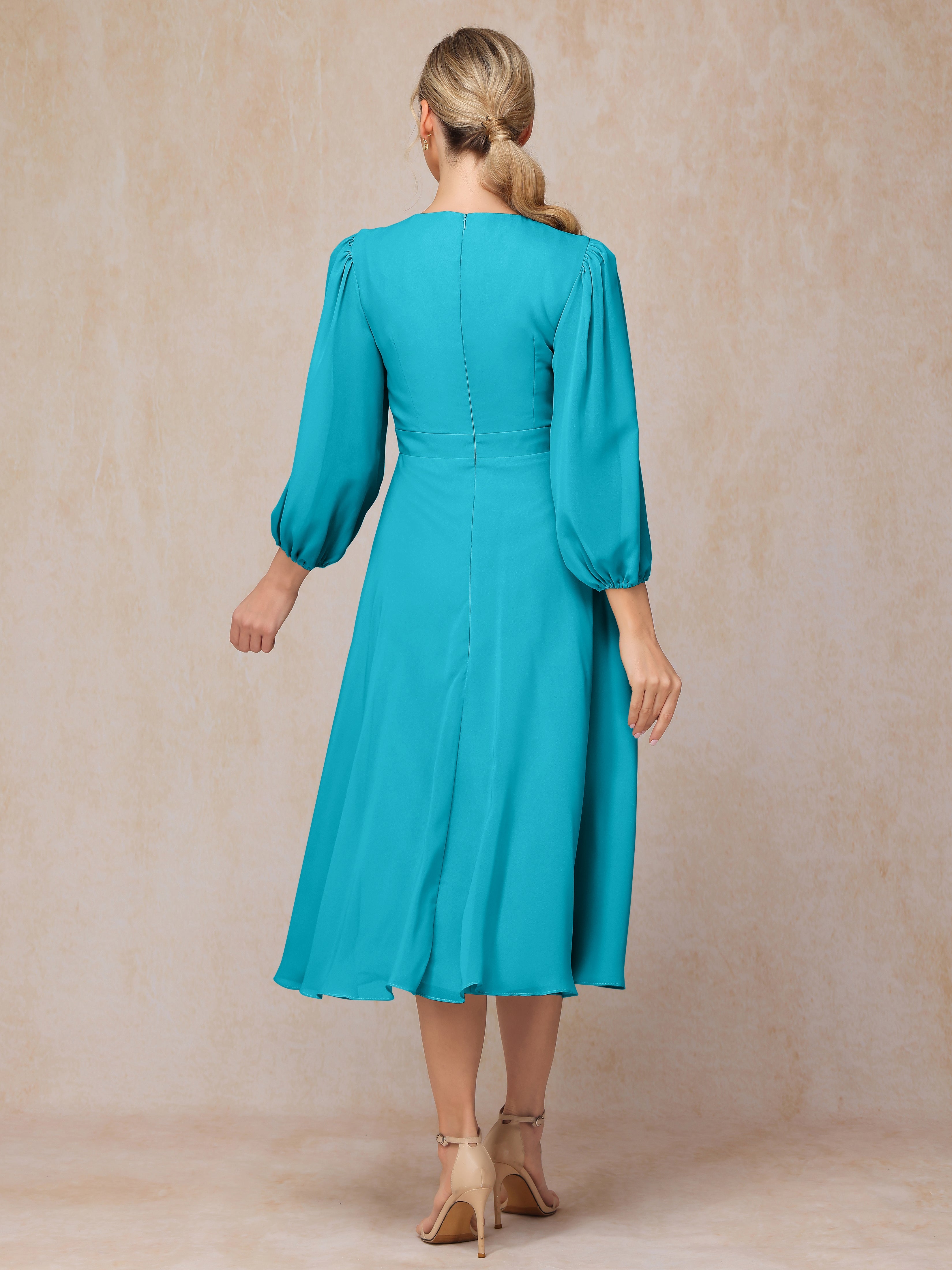Long Sleeves A Line Tea Length Chiffon Mother Of The Groom Dress