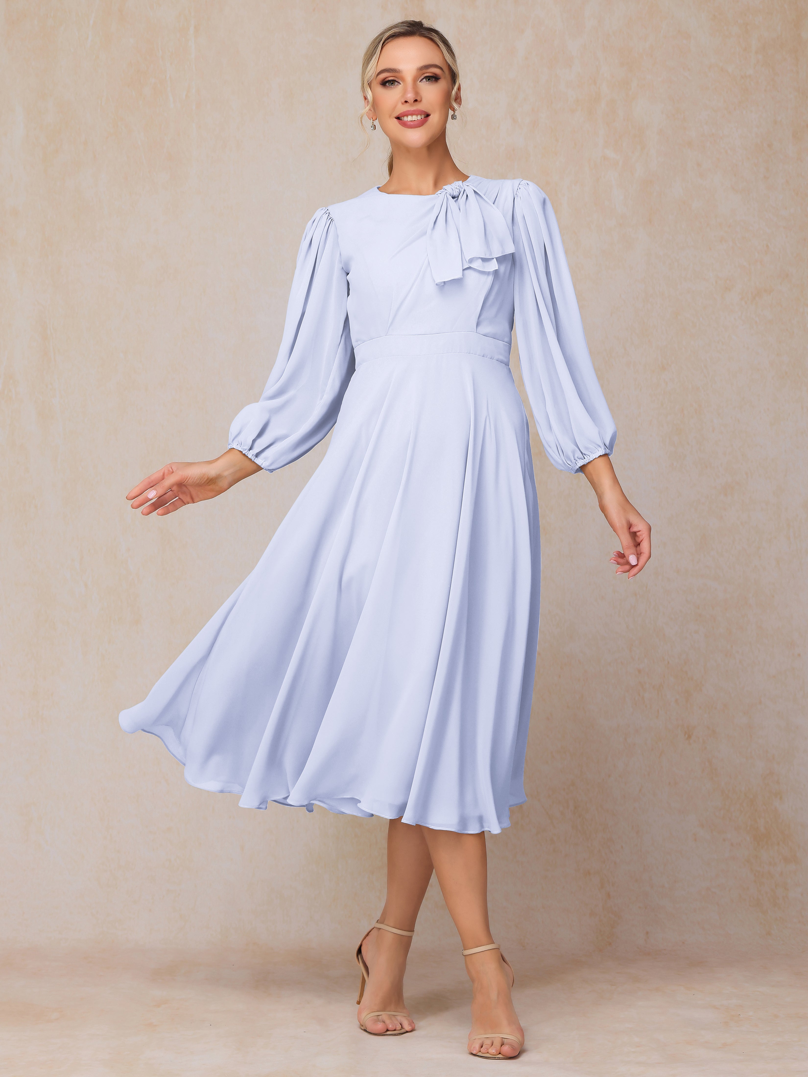 Long Sleeves A Line Tea Length Chiffon Wedding Guest Dresses