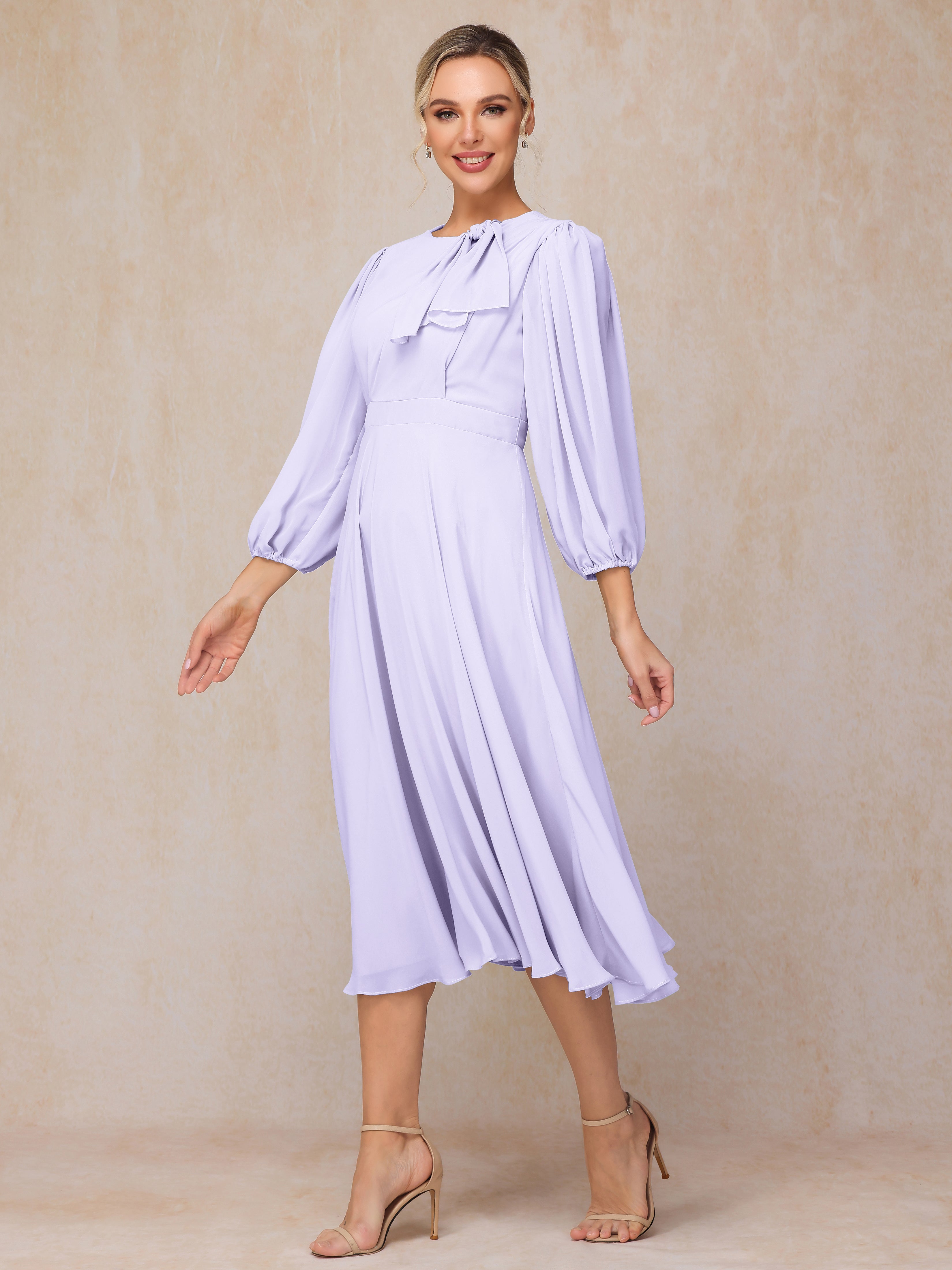 Long Sleeves A Line Tea Length Chiffon Wedding Guest Dresses