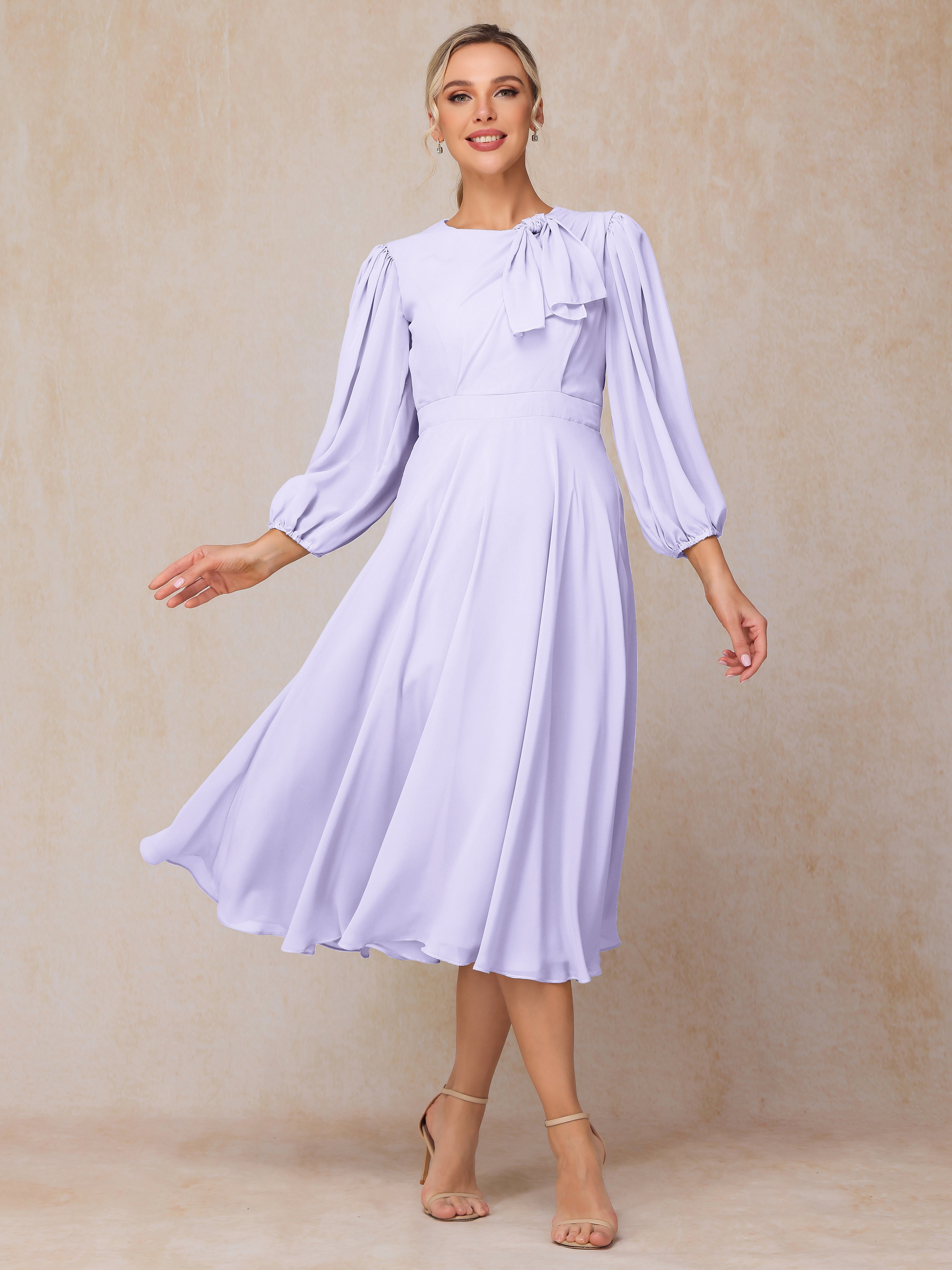 Long Sleeves A Line Tea Length Chiffon Wedding Guest Dresses