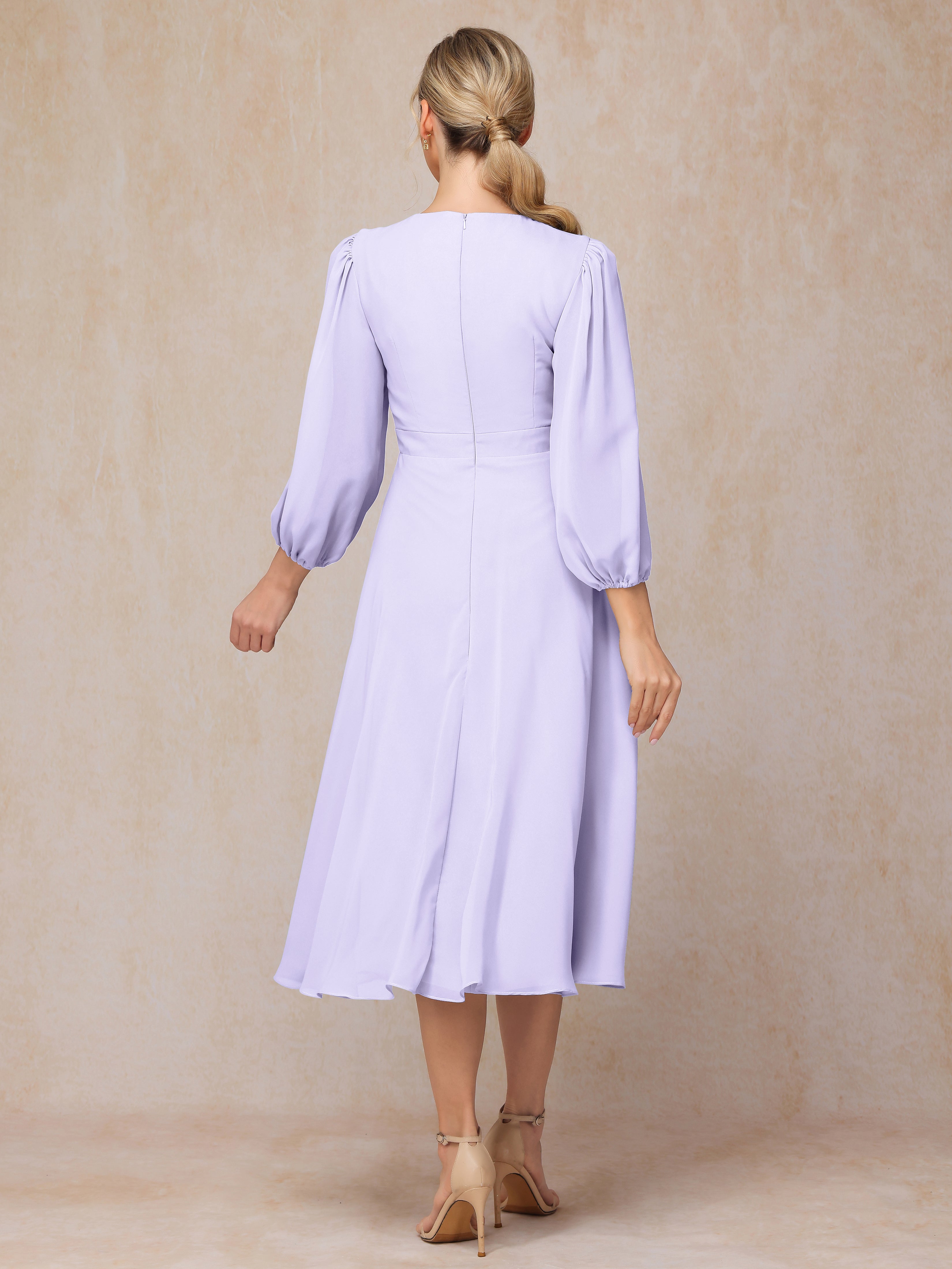 Long Sleeves A Line Tea Length Chiffon Wedding Guest Dresses
