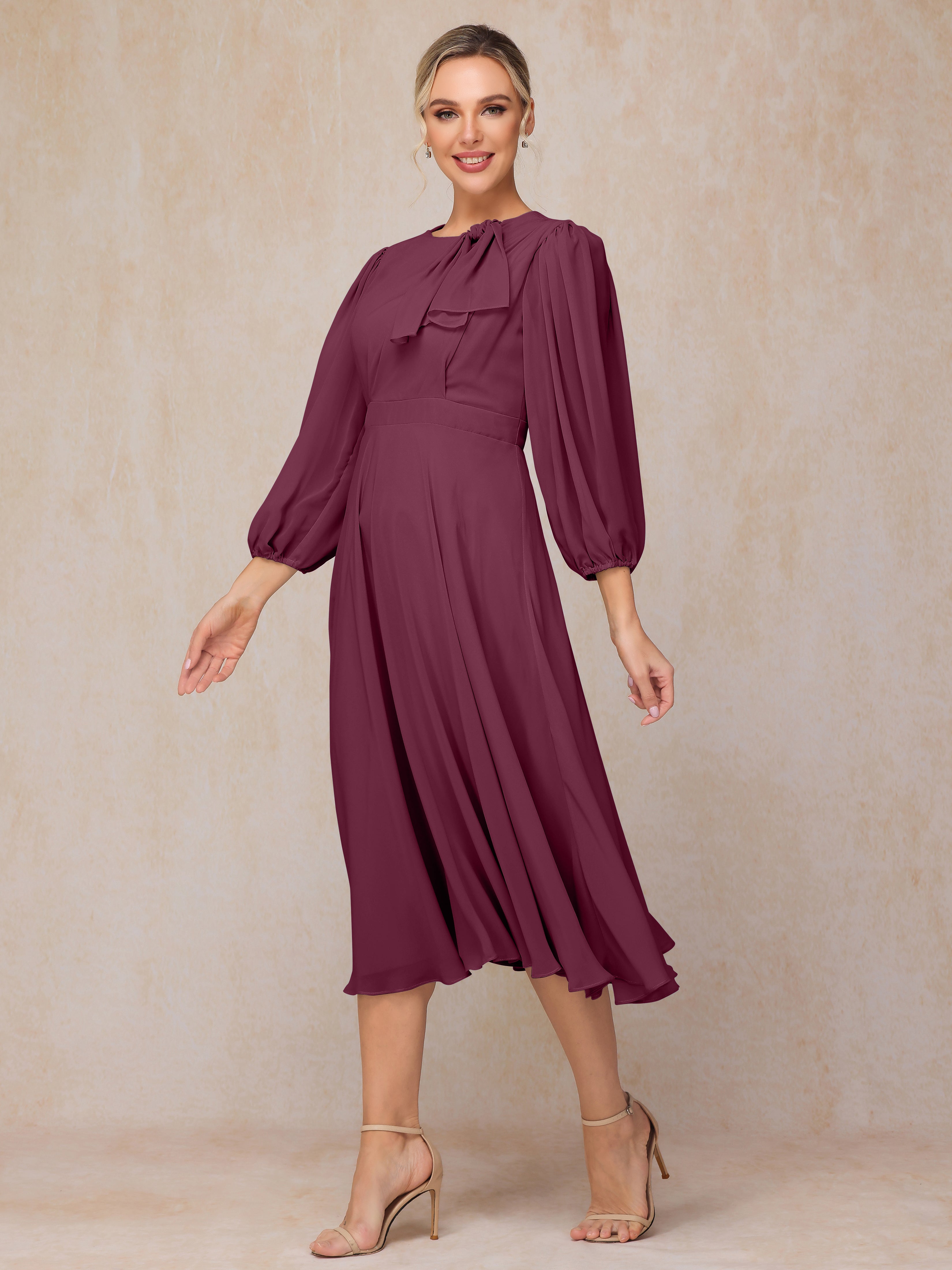 Long Sleeves A Line Tea Length Chiffon Wedding Guest Dresses