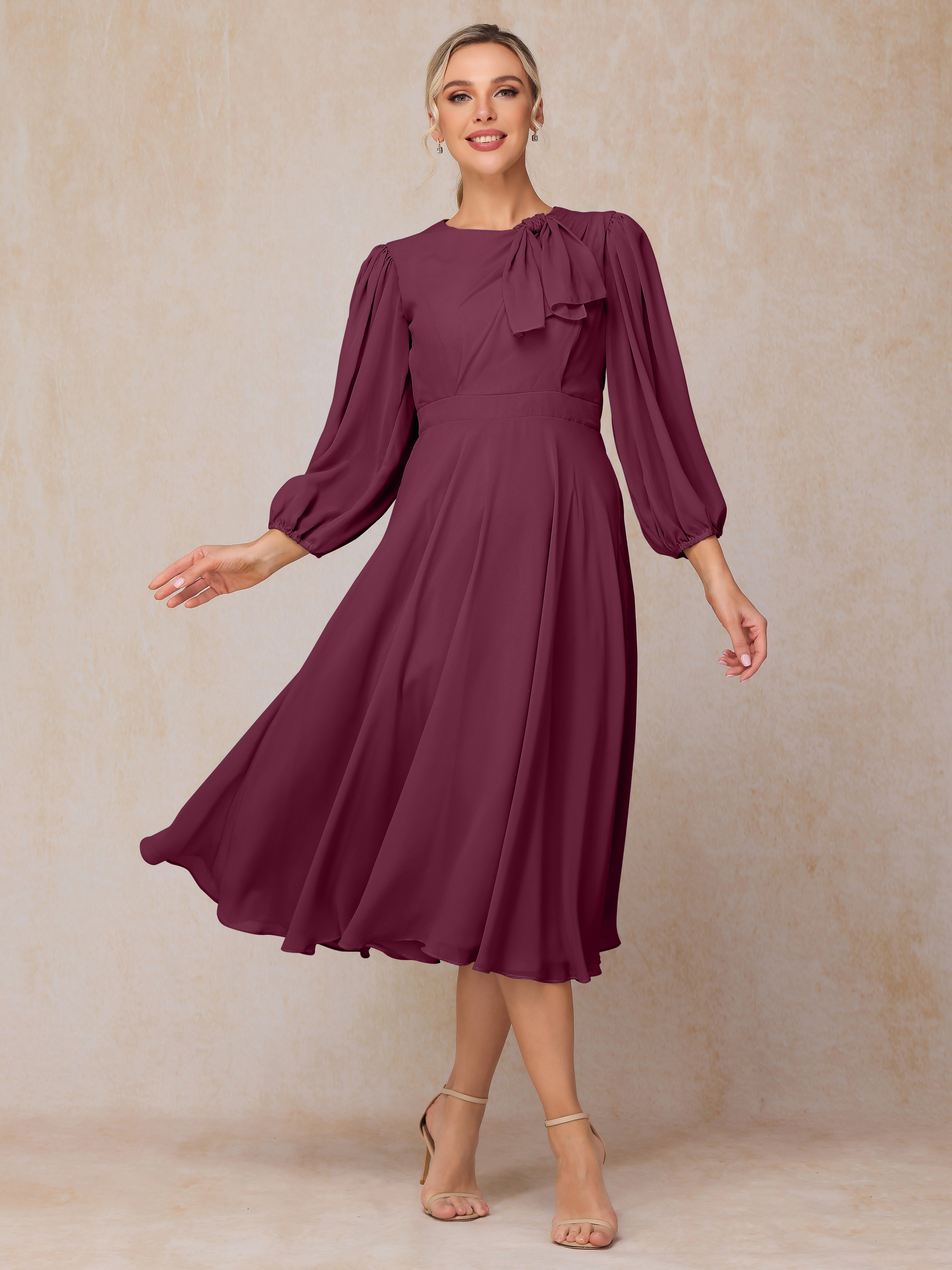 Long Sleeves A Line Tea Length Chiffon Wedding Guest Dresses