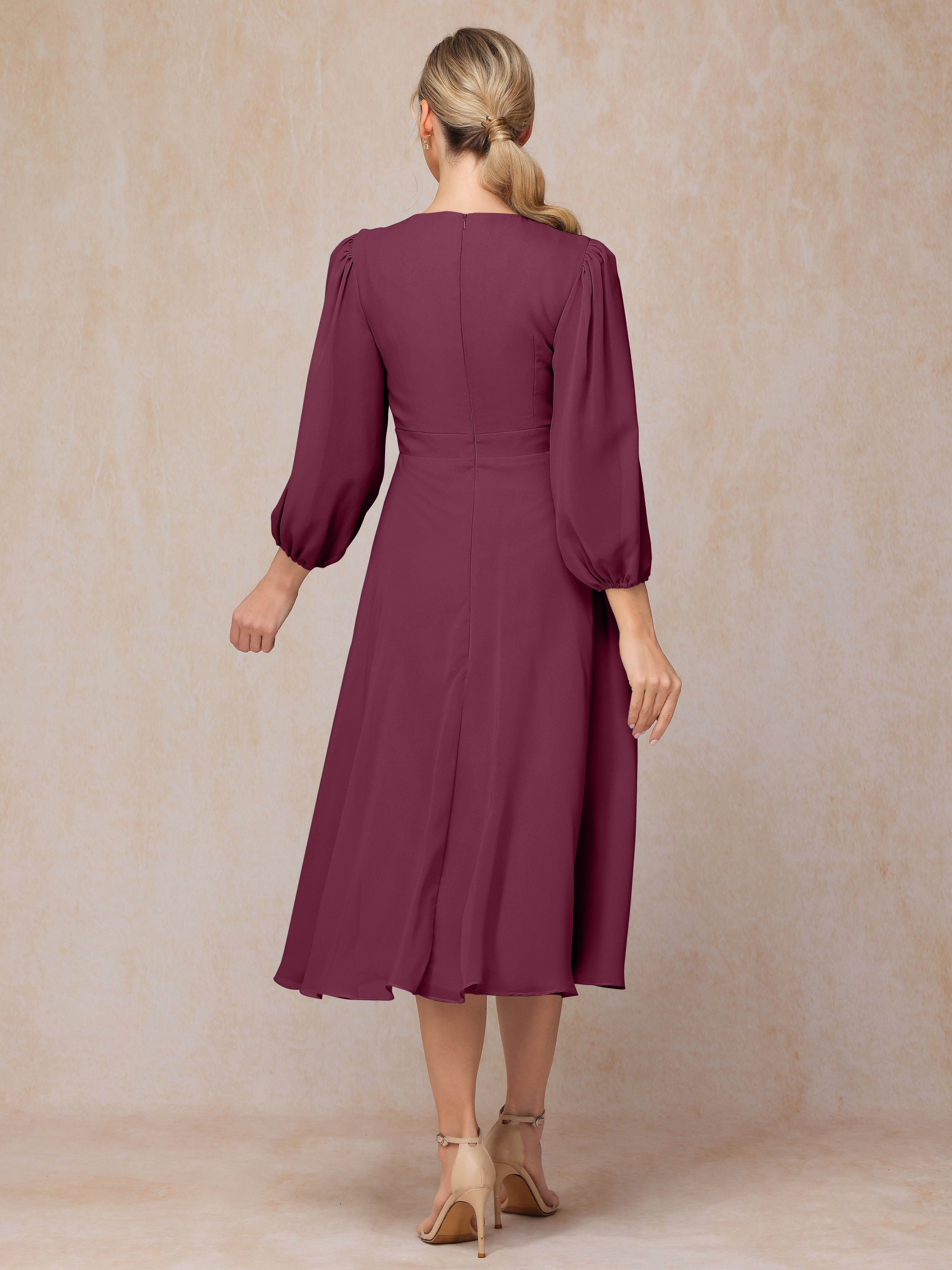 Long Sleeves A Line Tea Length Chiffon Wedding Guest Dresses