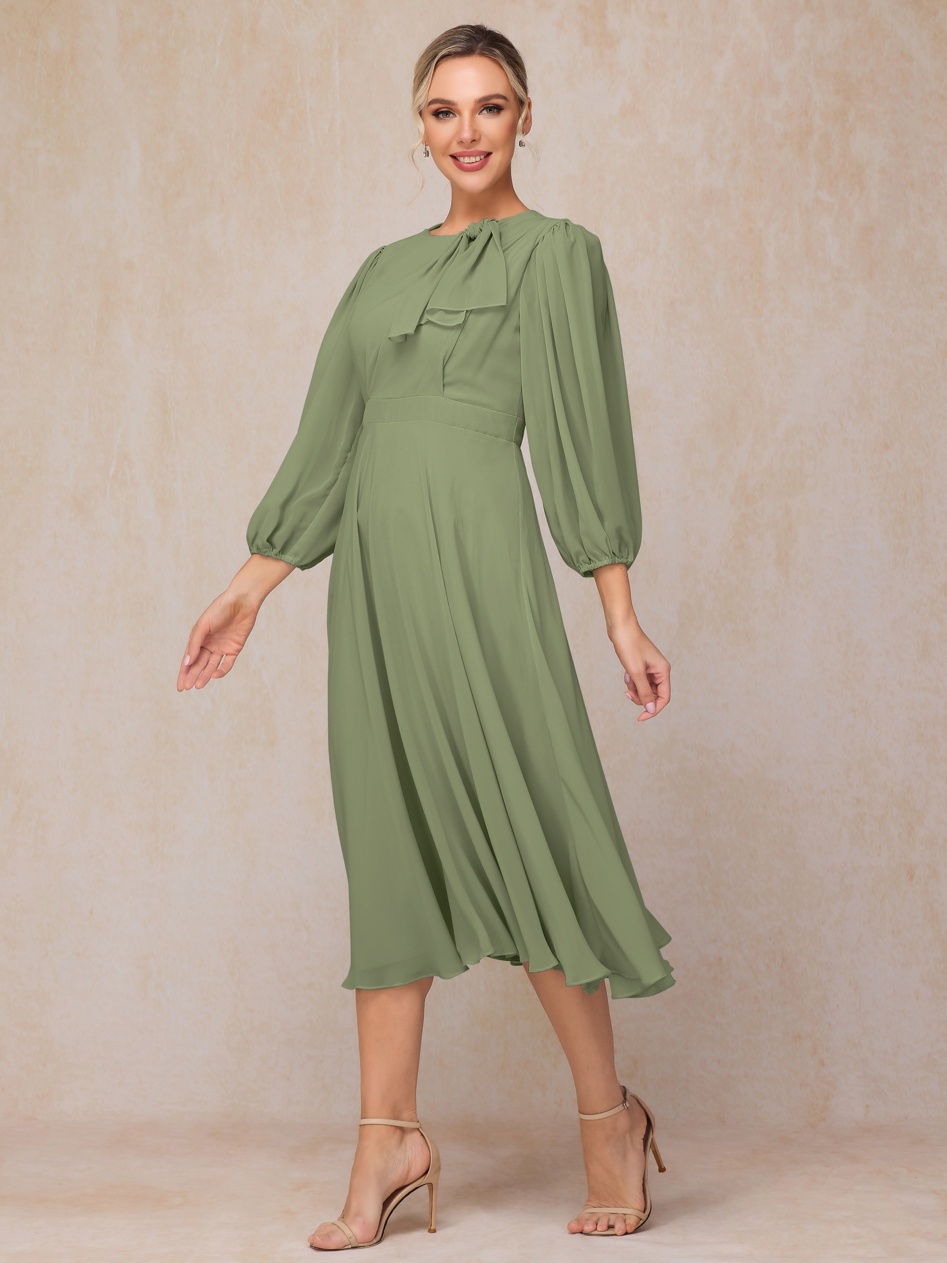 Long Sleeves A Line Tea Length Chiffon Wedding Guest Dresses
