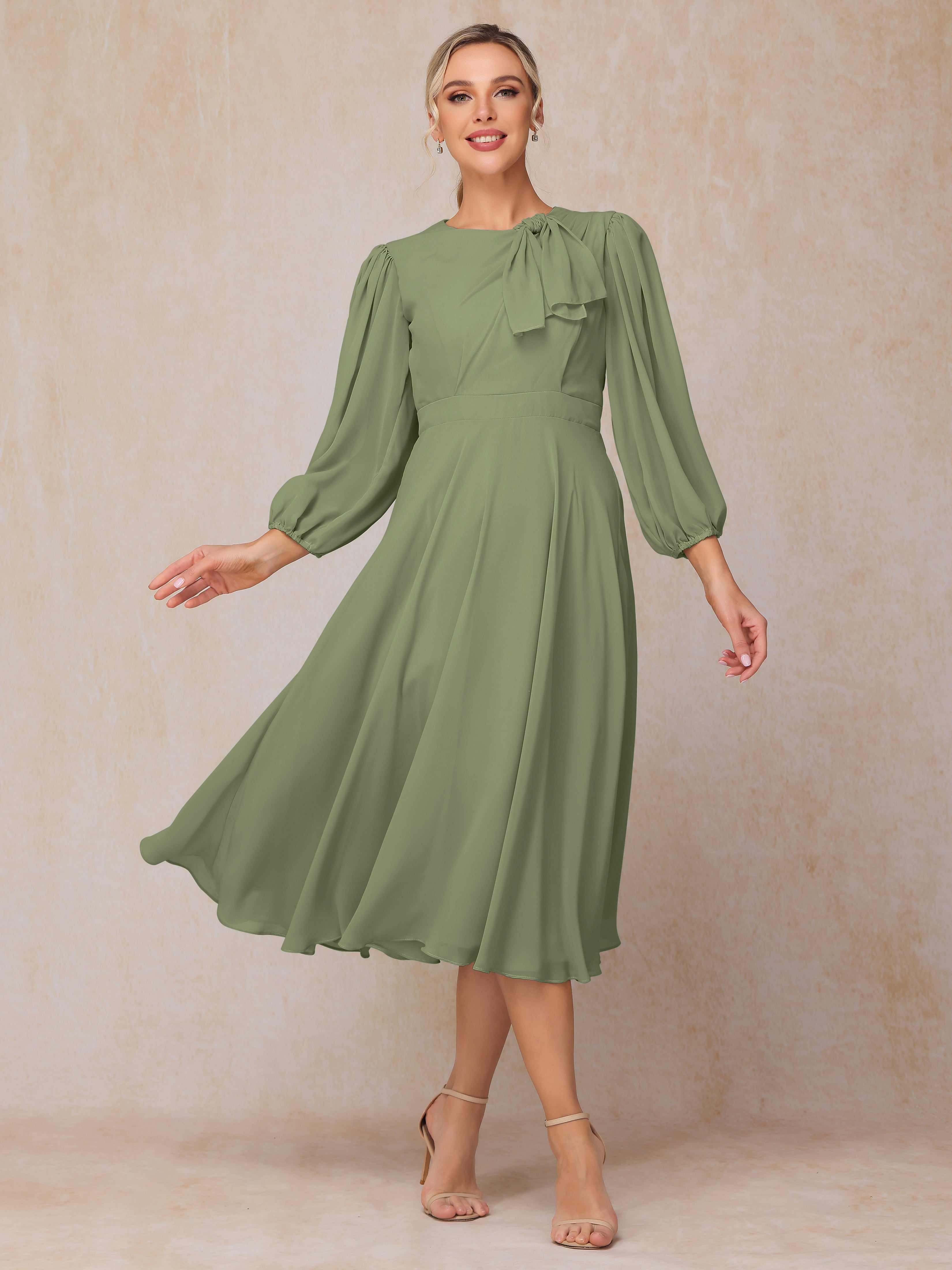 Long Sleeves A Line Tea Length Chiffon Mother Of The Groom Dress