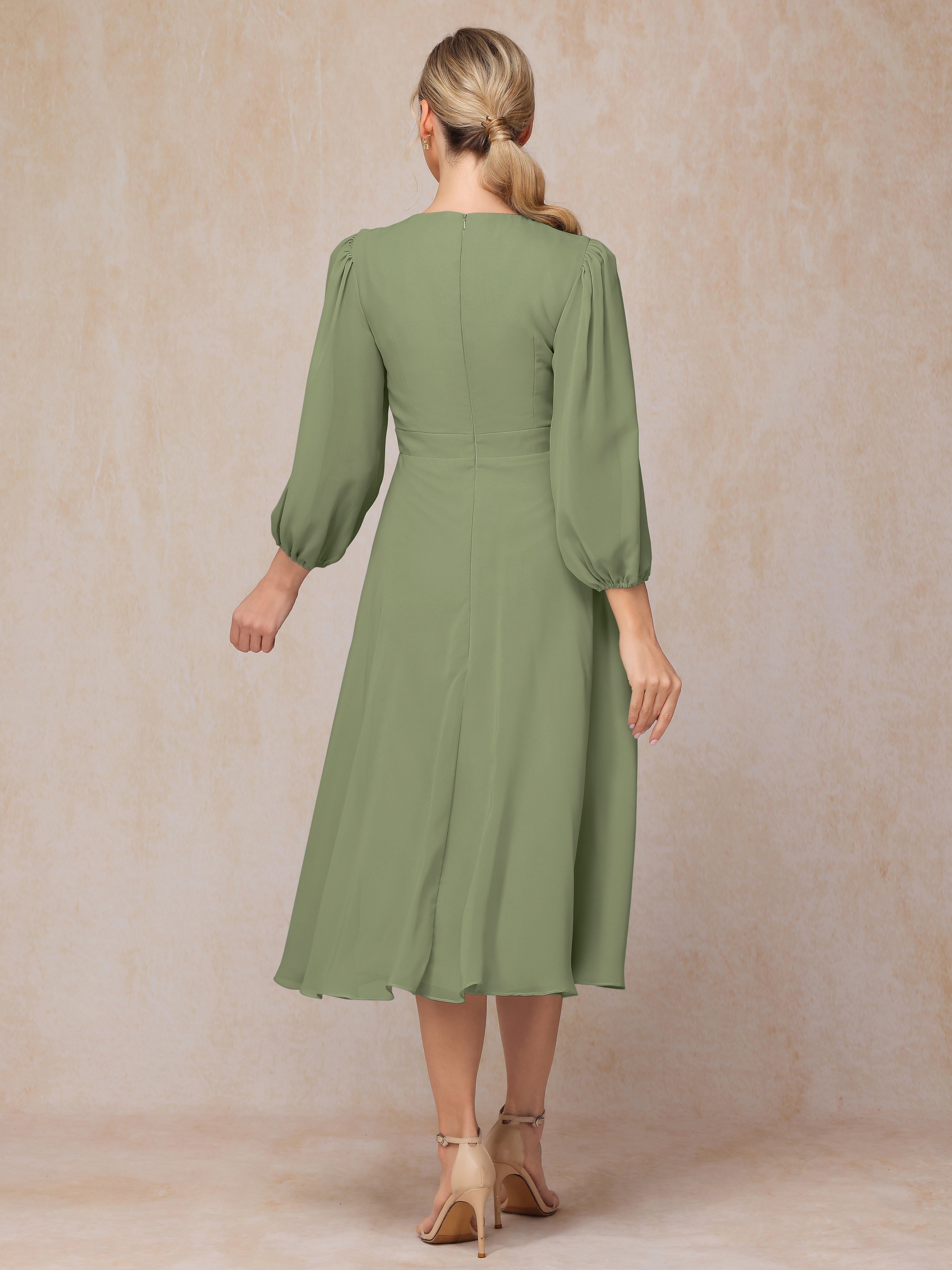 Long Sleeves A Line Tea Length Chiffon Wedding Guest Dresses
