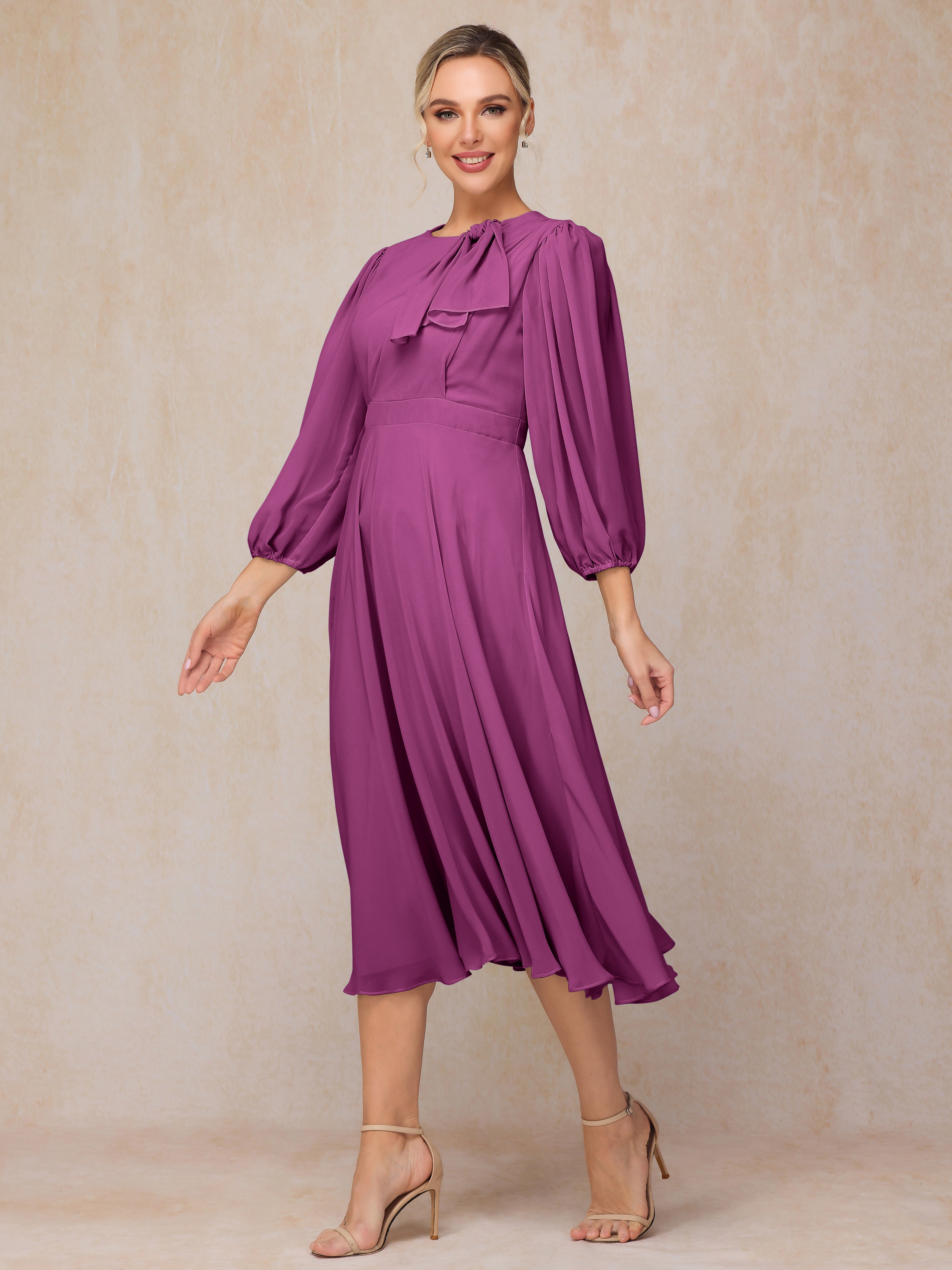 Long Sleeves A Line Tea Length Chiffon Wedding Guest Dresses