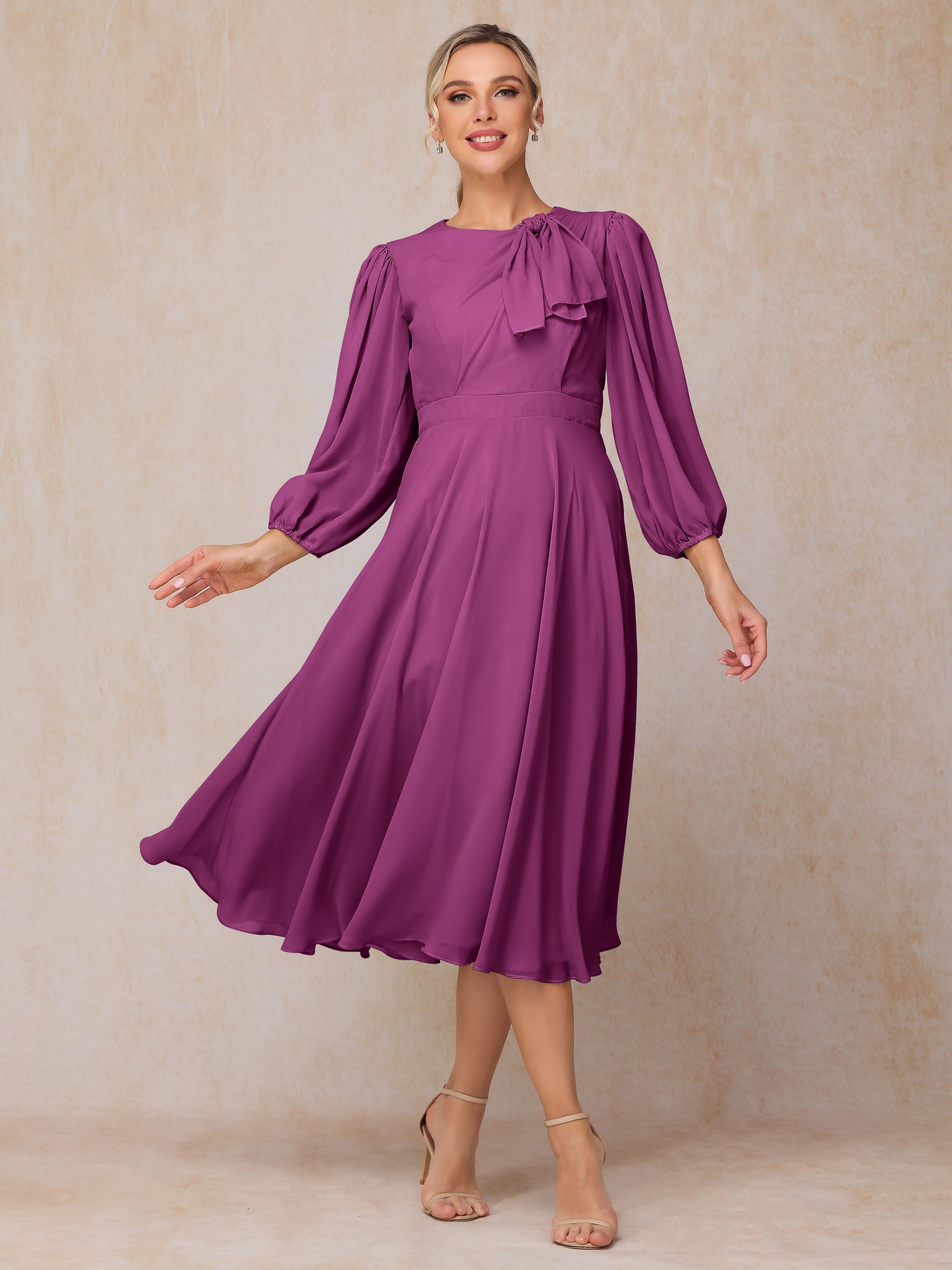Long Sleeves A Line Tea Length Chiffon Wedding Guest Dresses