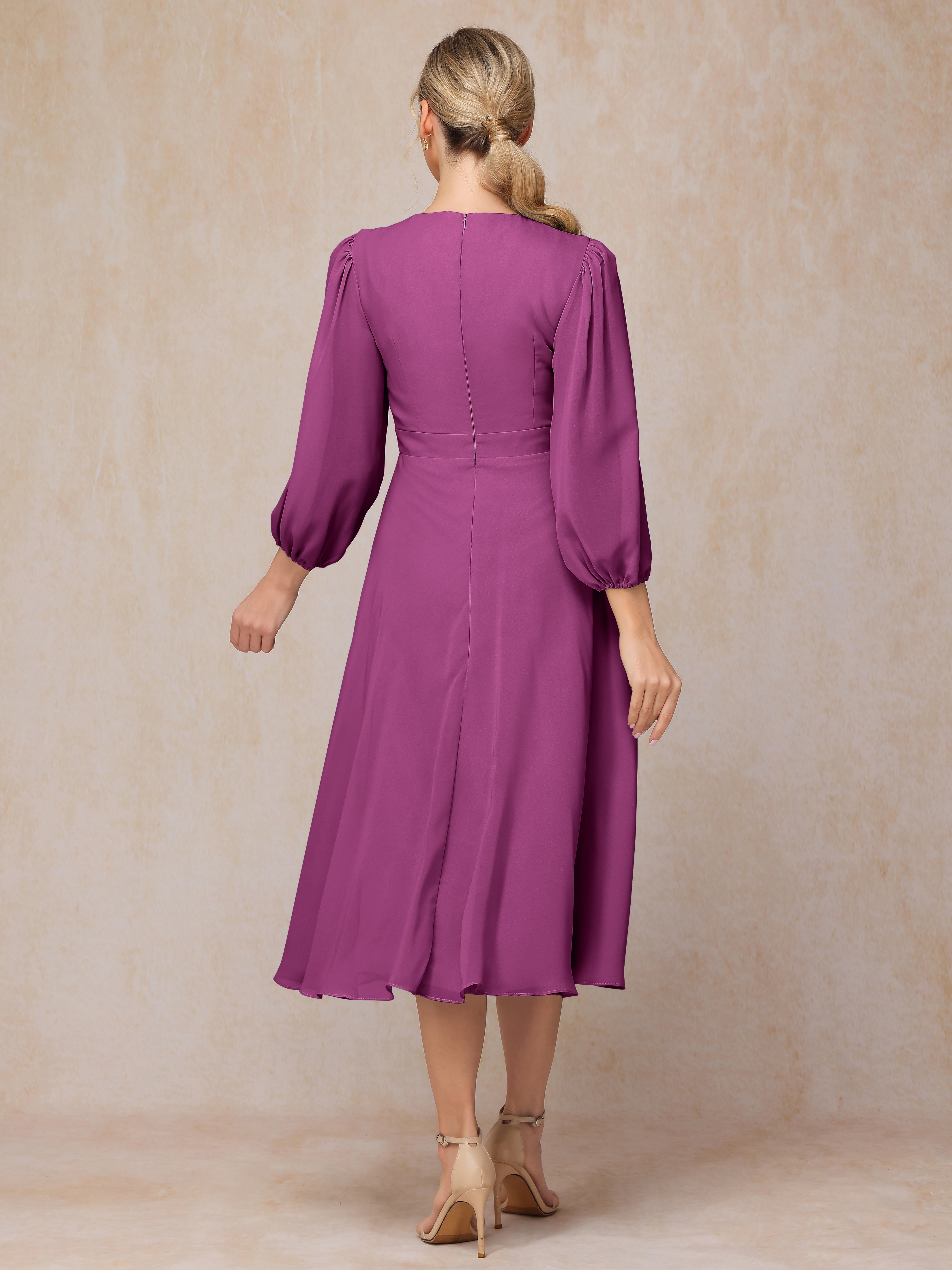 Long Sleeves A Line Tea Length Chiffon Wedding Guest Dresses