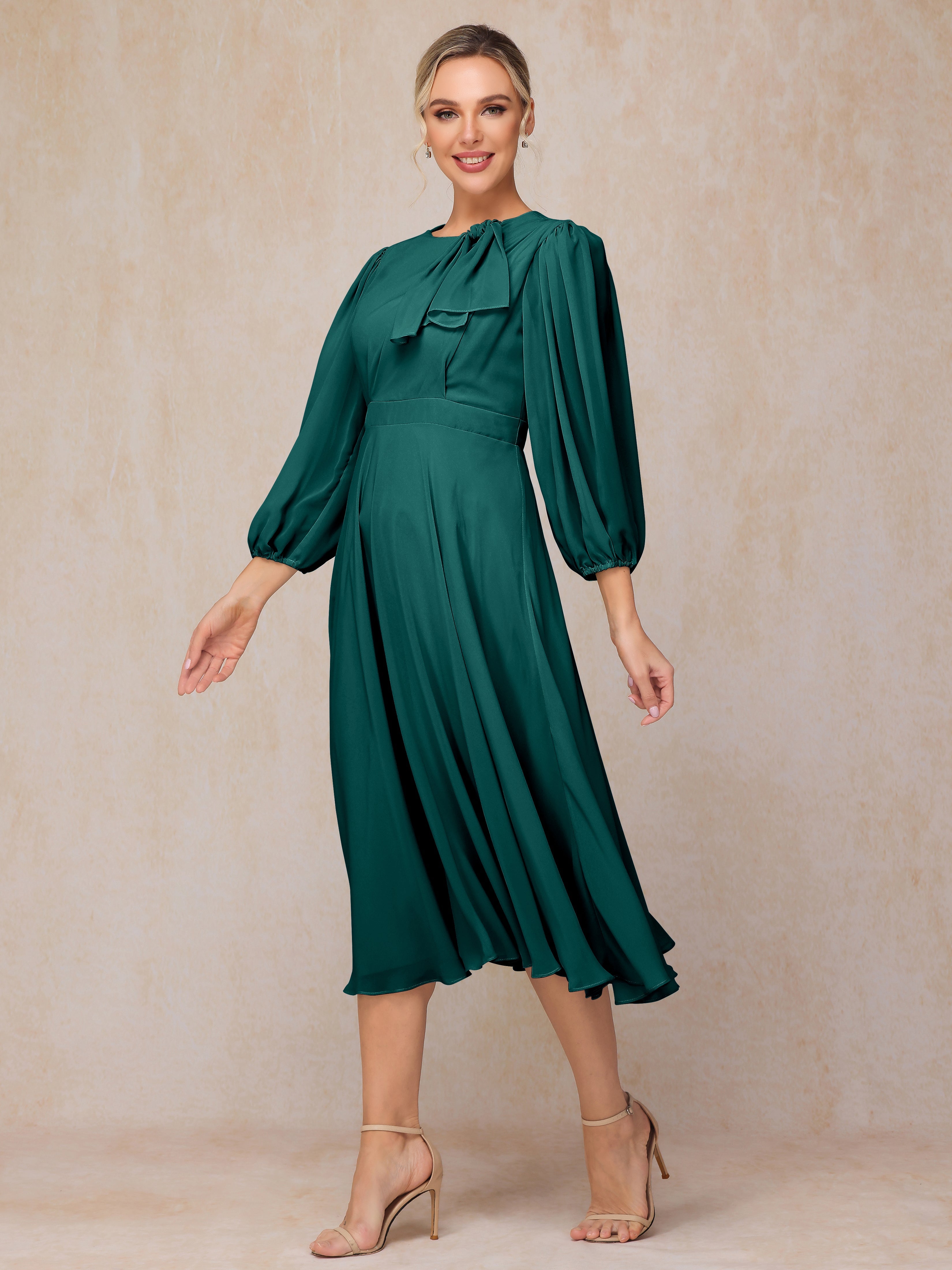 Long Sleeves A Line Tea Length Chiffon Wedding Guest Dresses