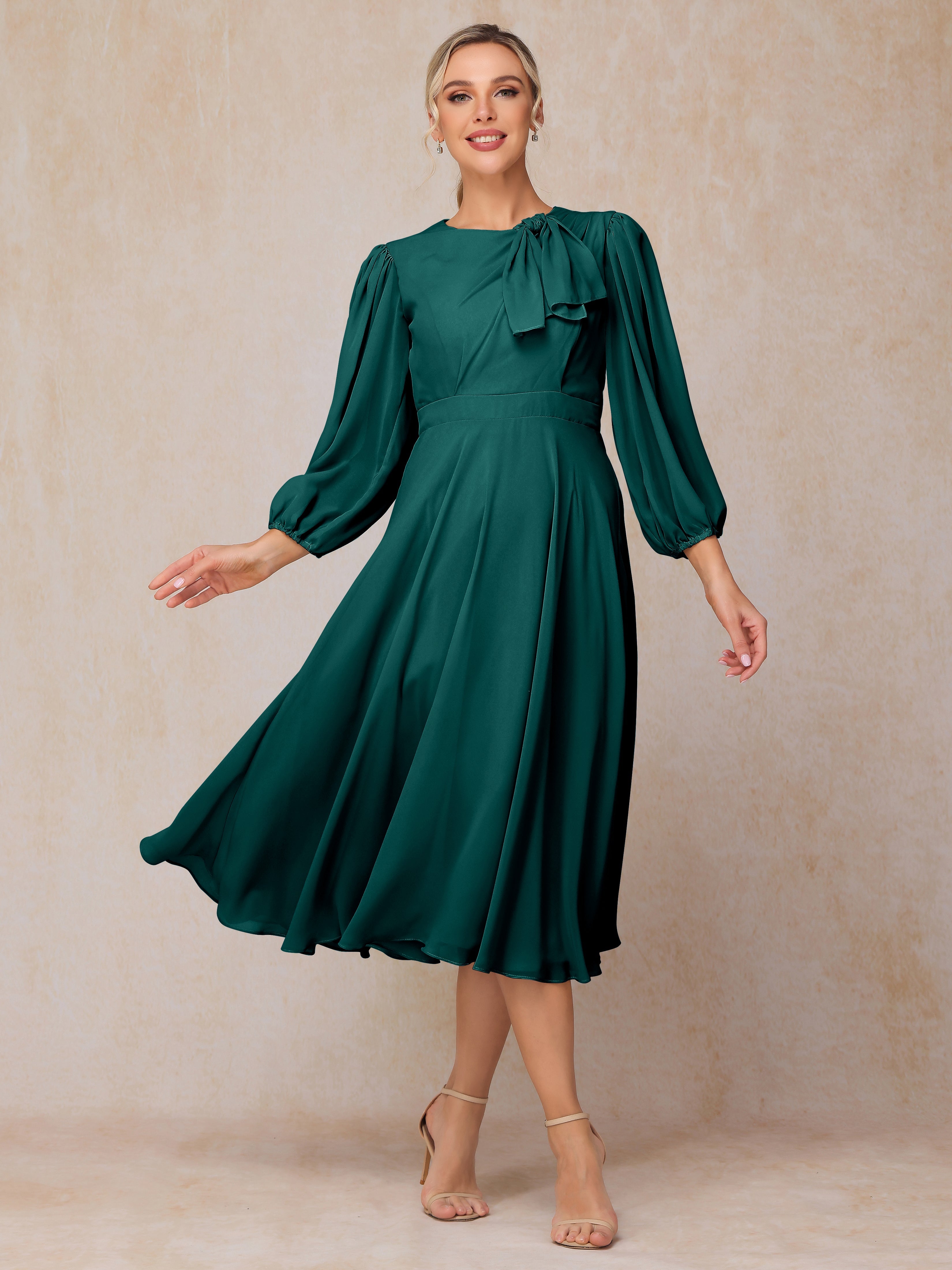 Long Sleeves A Line Tea Length Chiffon Wedding Guest Dresses
