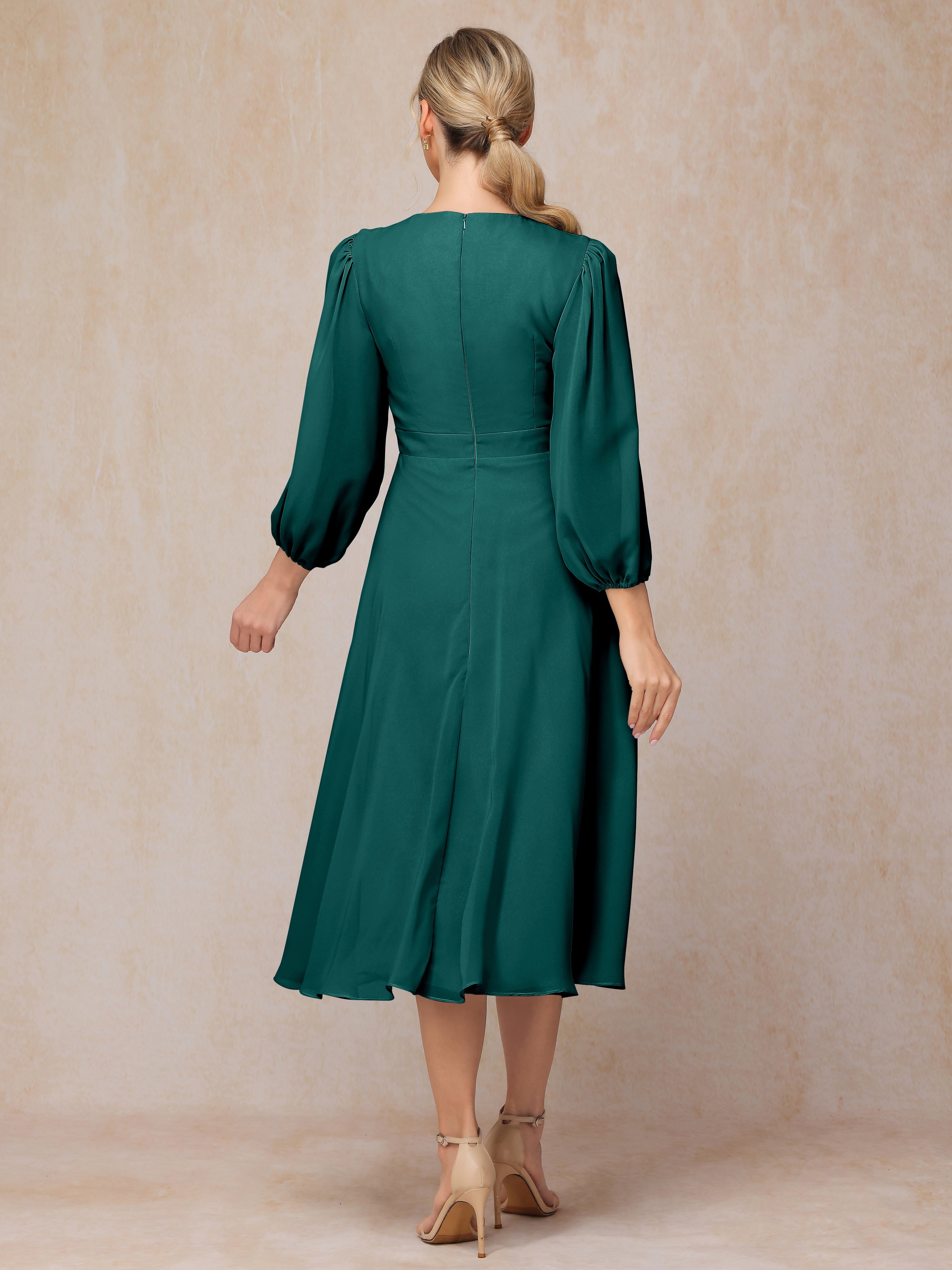 Long Sleeves A Line Tea Length Chiffon Wedding Guest Dresses