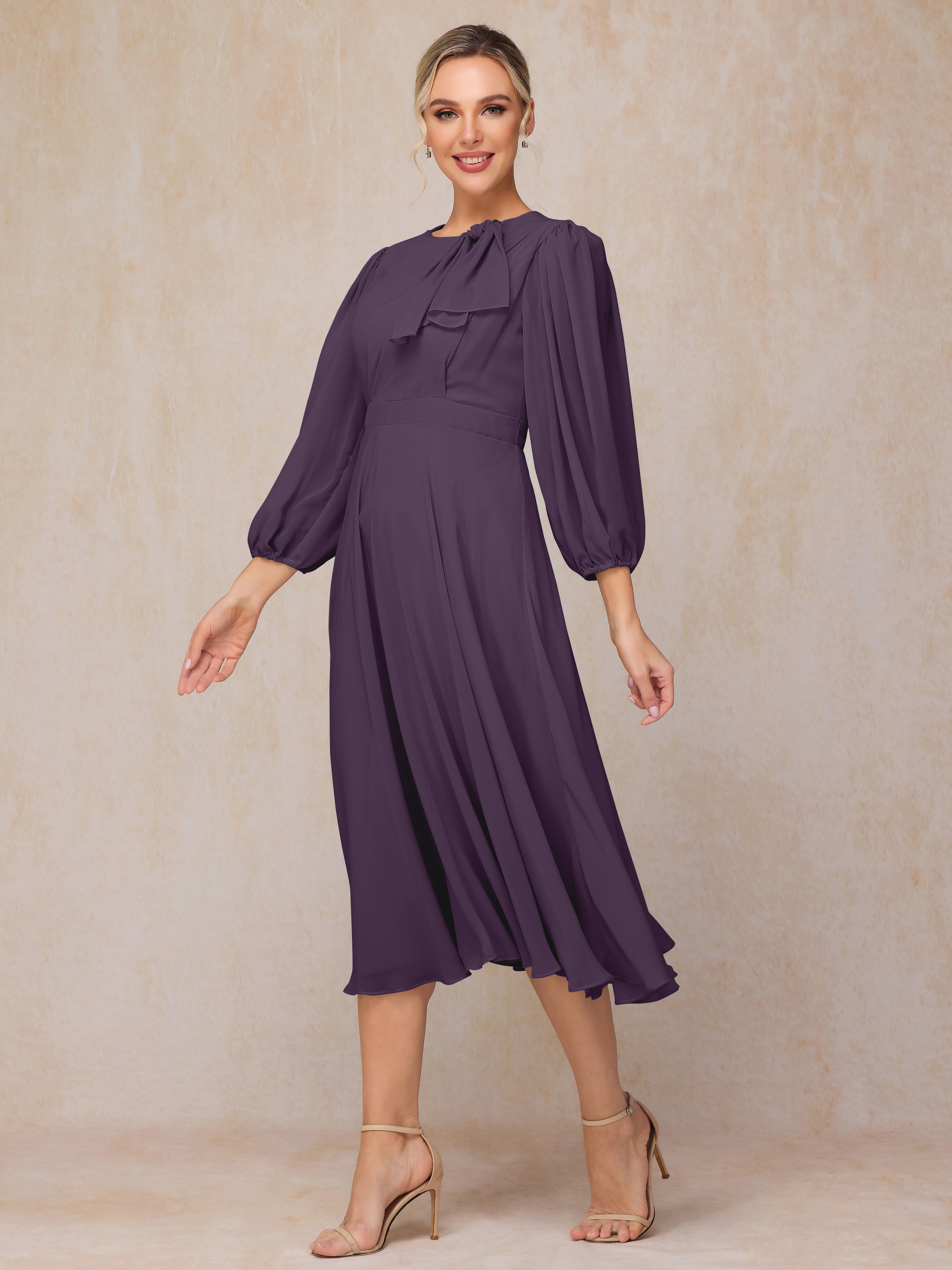 Long Sleeves A Line Tea Length Chiffon Wedding Guest Dresses