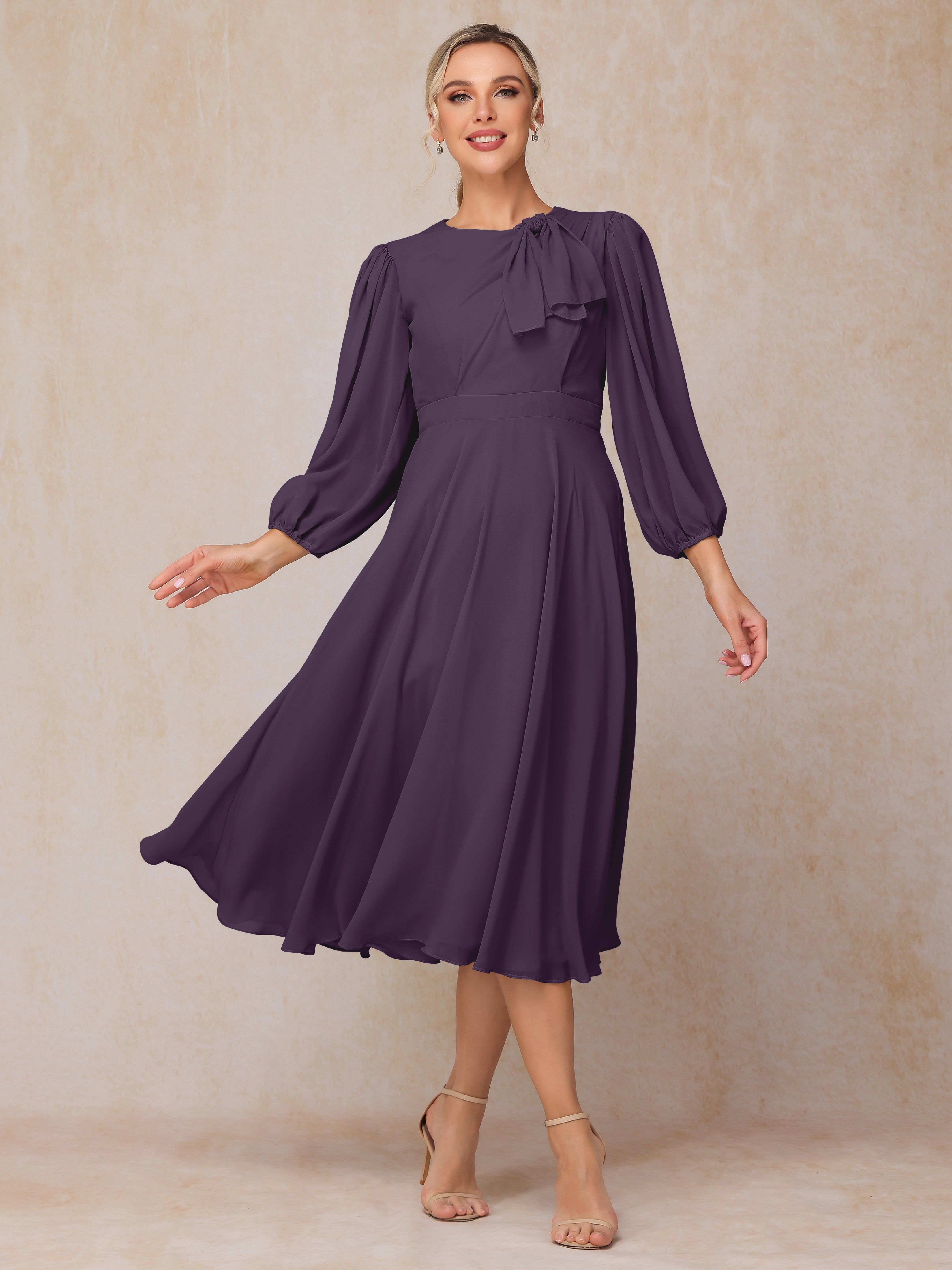 Long Sleeves A Line Tea Length Chiffon Wedding Guest Dresses