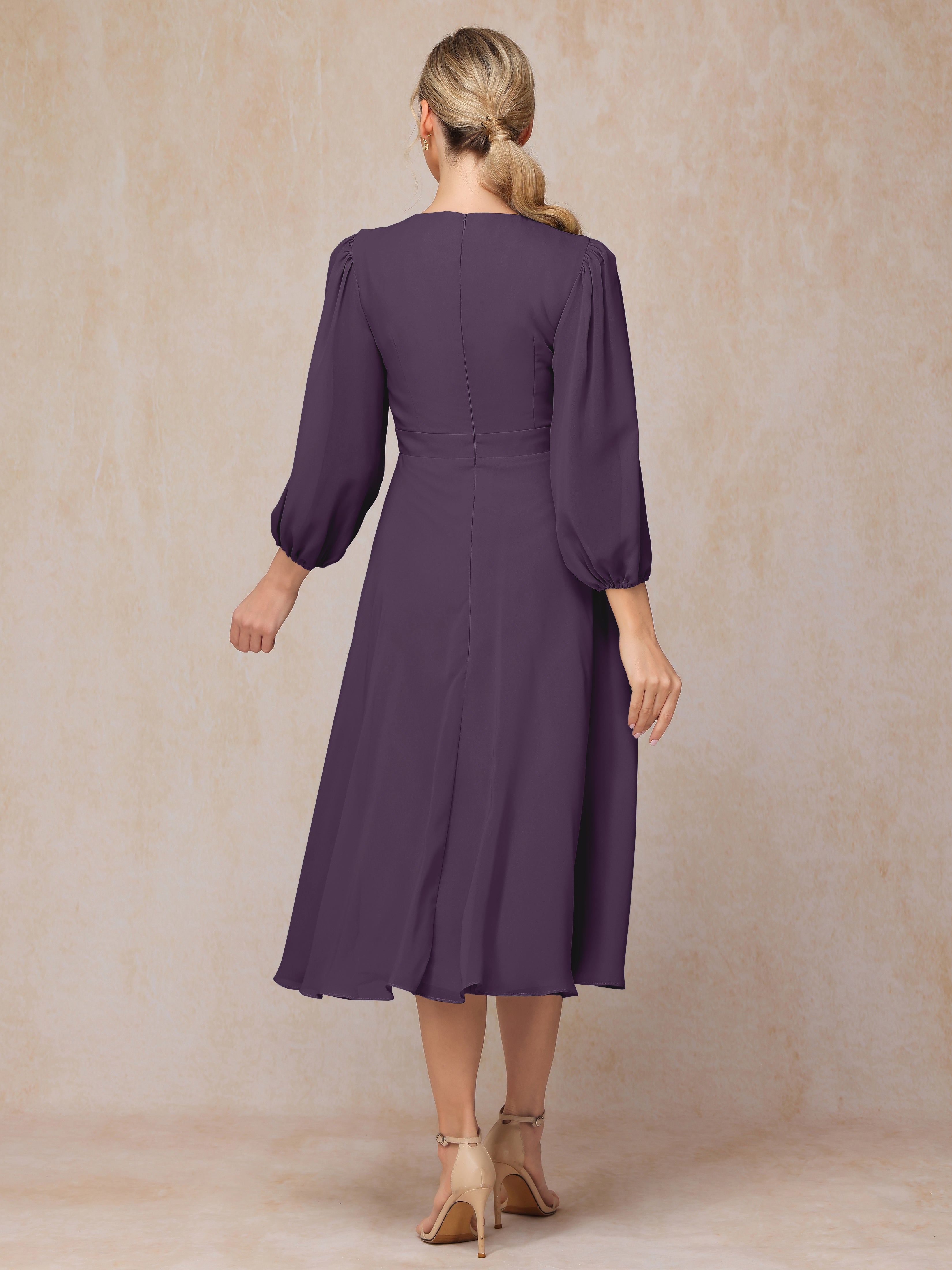Long Sleeves A Line Tea Length Chiffon Wedding Guest Dresses