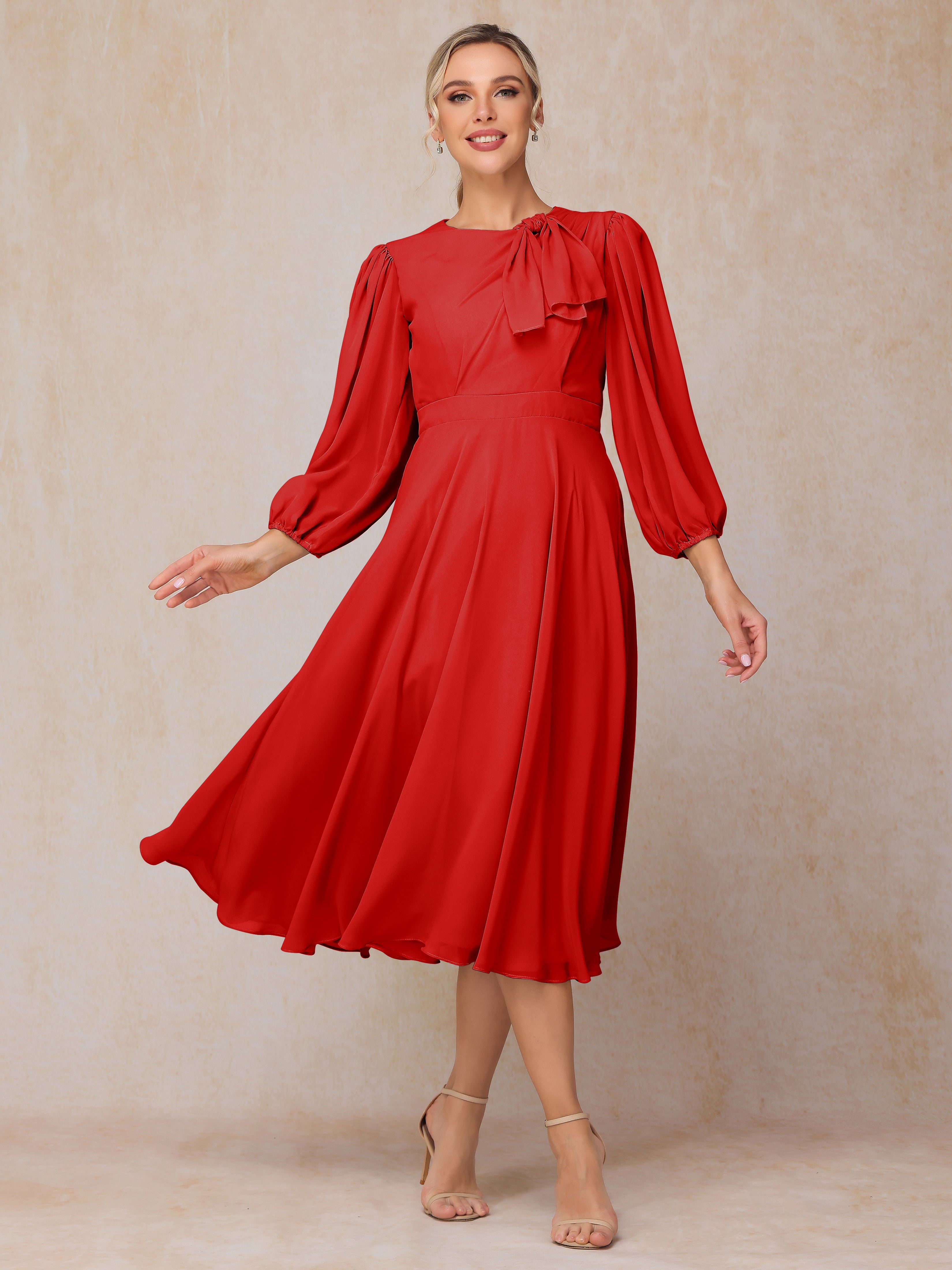 Long Sleeves A Line Tea Length Chiffon Wedding Guest Dresses