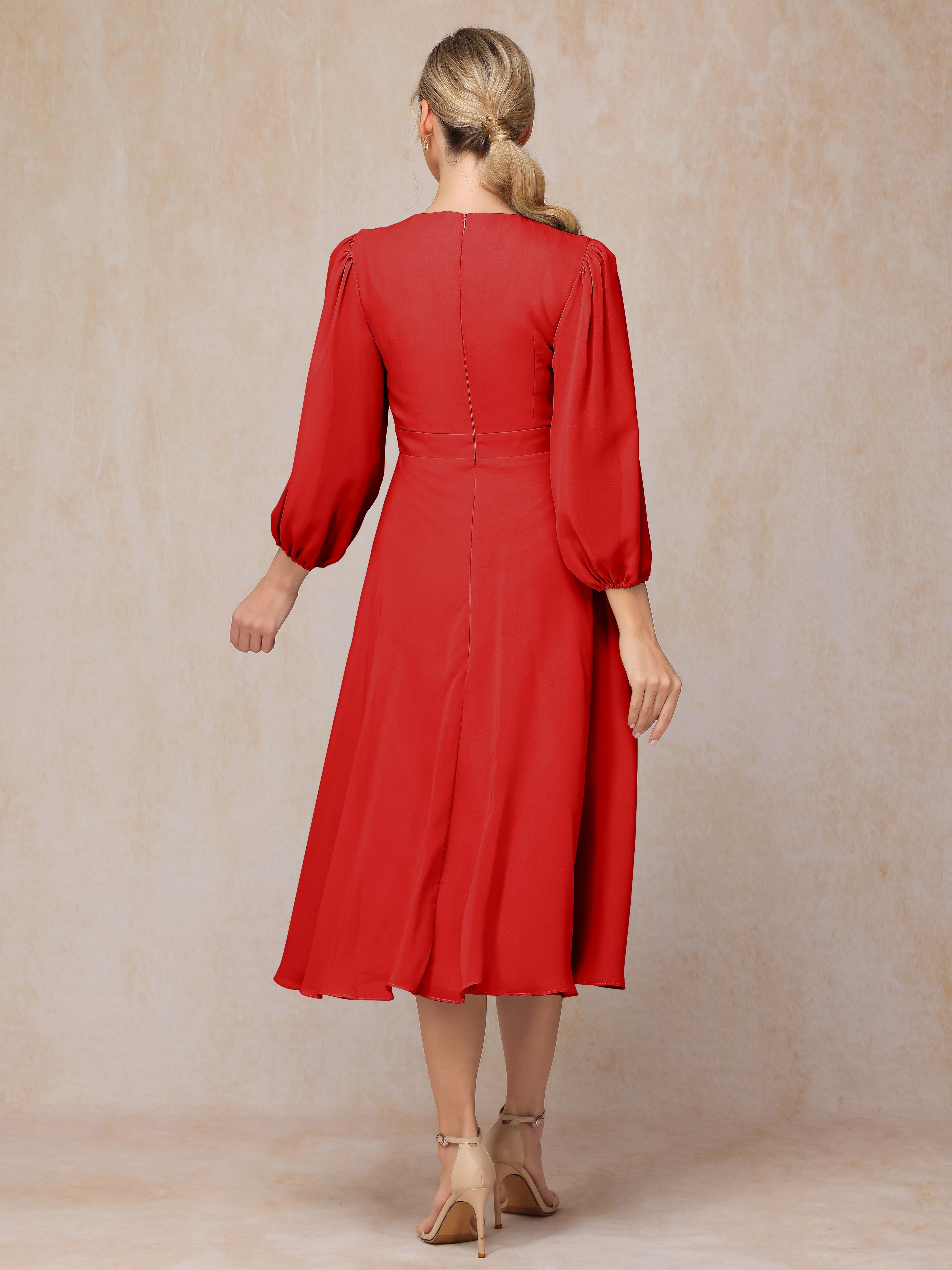 Long Sleeves A Line Tea Length Chiffon Wedding Guest Dresses