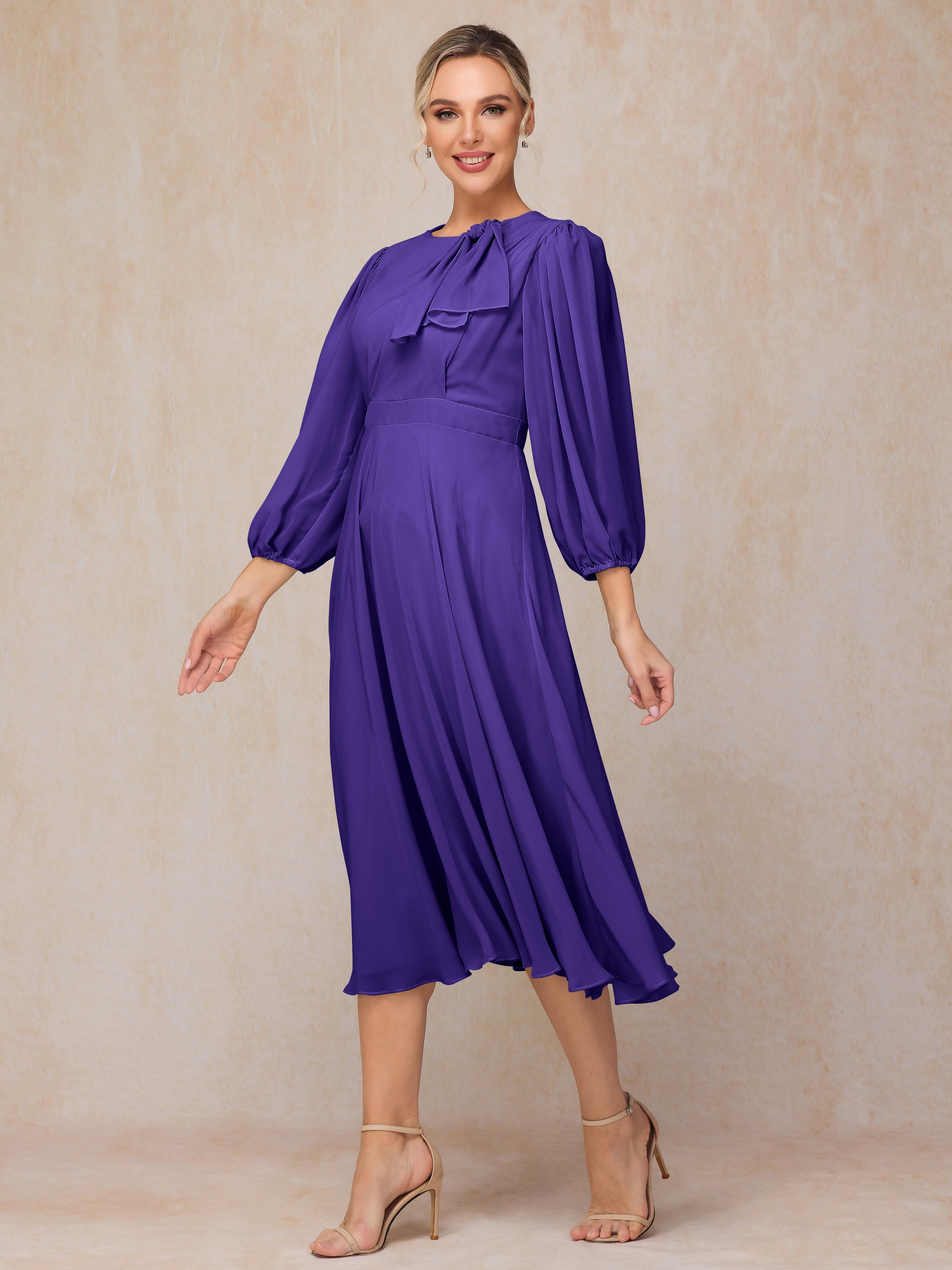 Long Sleeves A Line Tea Length Chiffon Wedding Guest Dresses