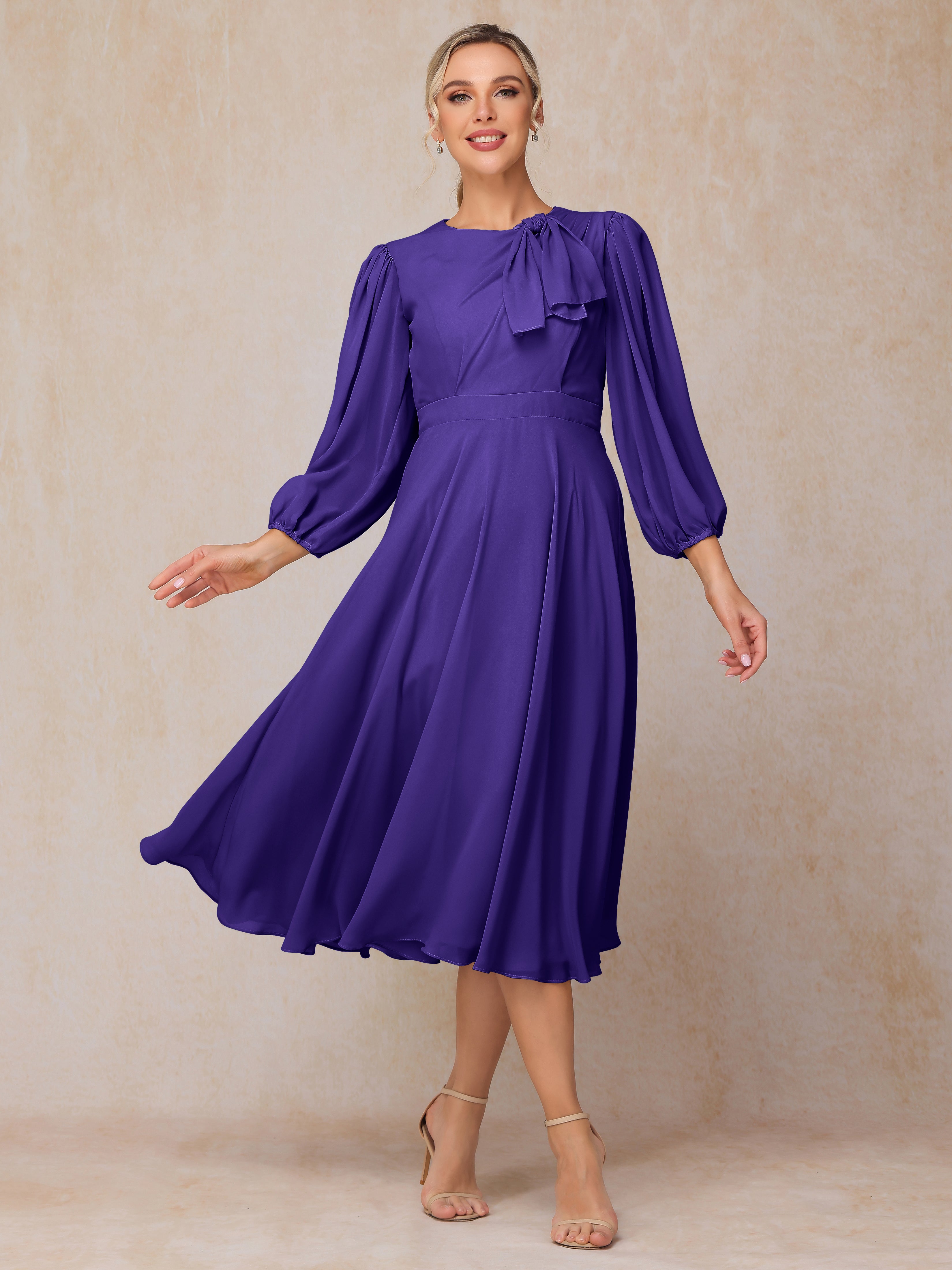 Long Sleeves A Line Tea Length Chiffon Wedding Guest Dresses
