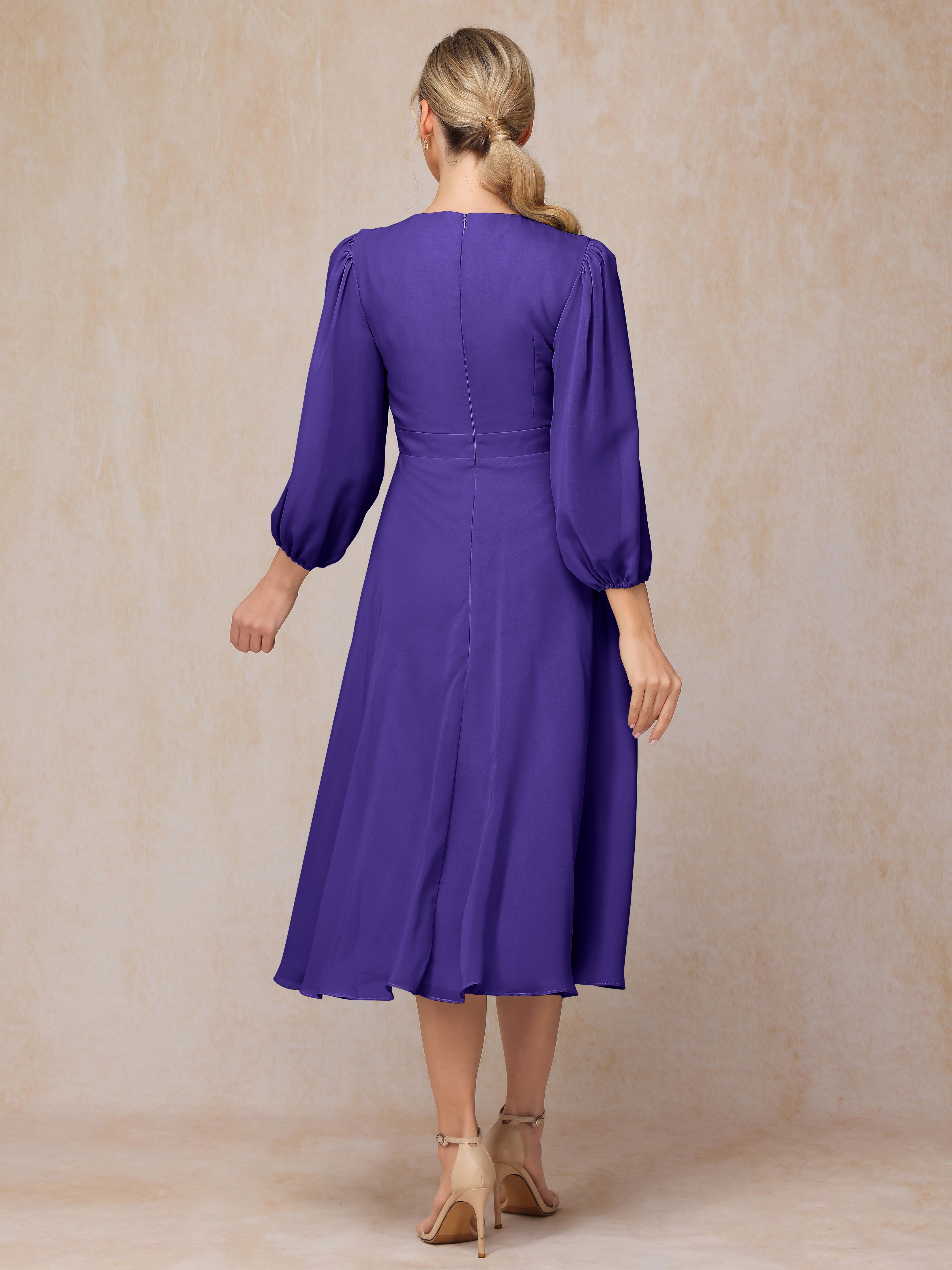Long Sleeves A Line Tea Length Chiffon Wedding Guest Dresses