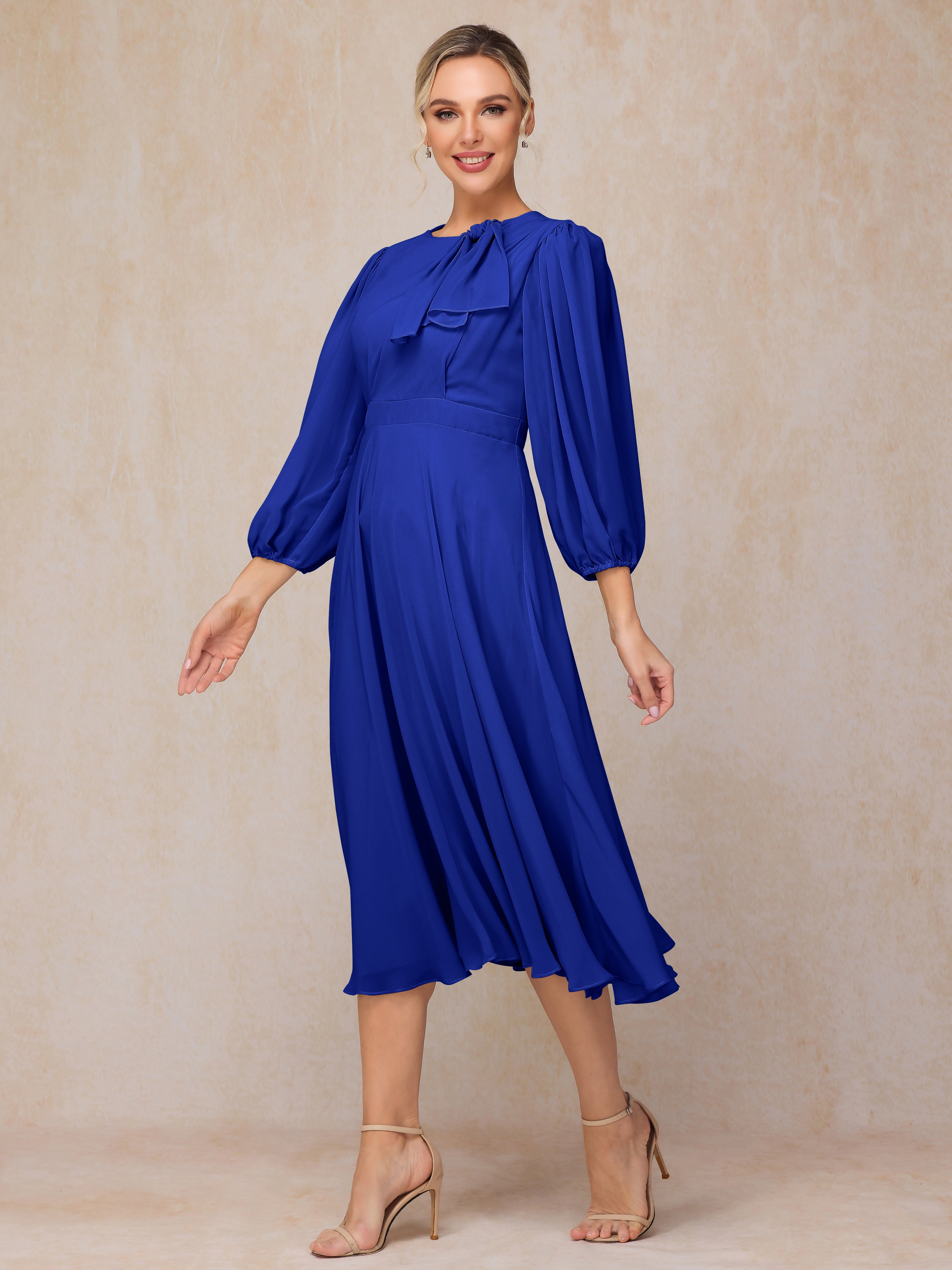 Long Sleeves A Line Tea Length Chiffon Wedding Guest Dresses