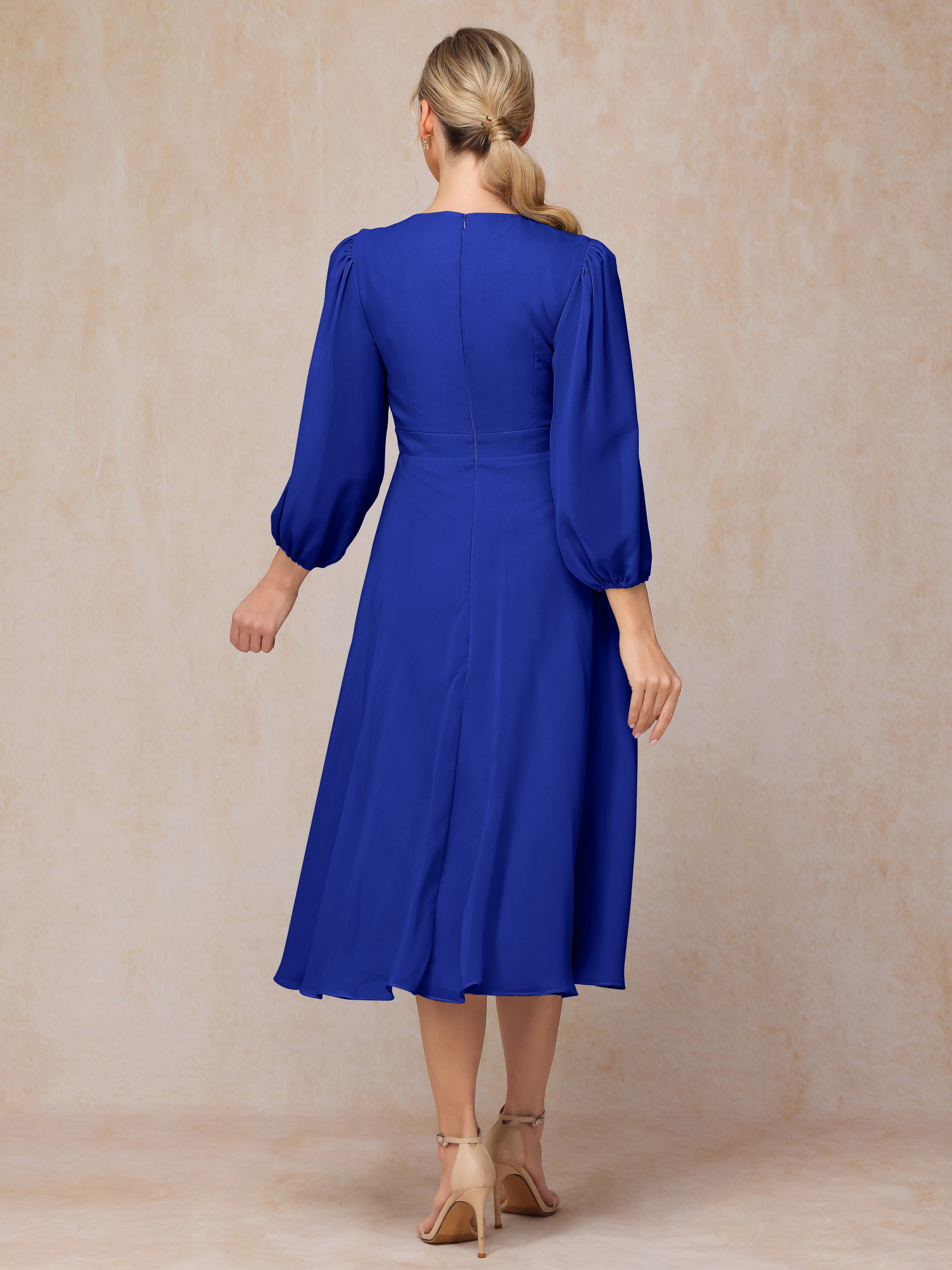 Long Sleeves A Line Tea Length Chiffon Wedding Guest Dresses