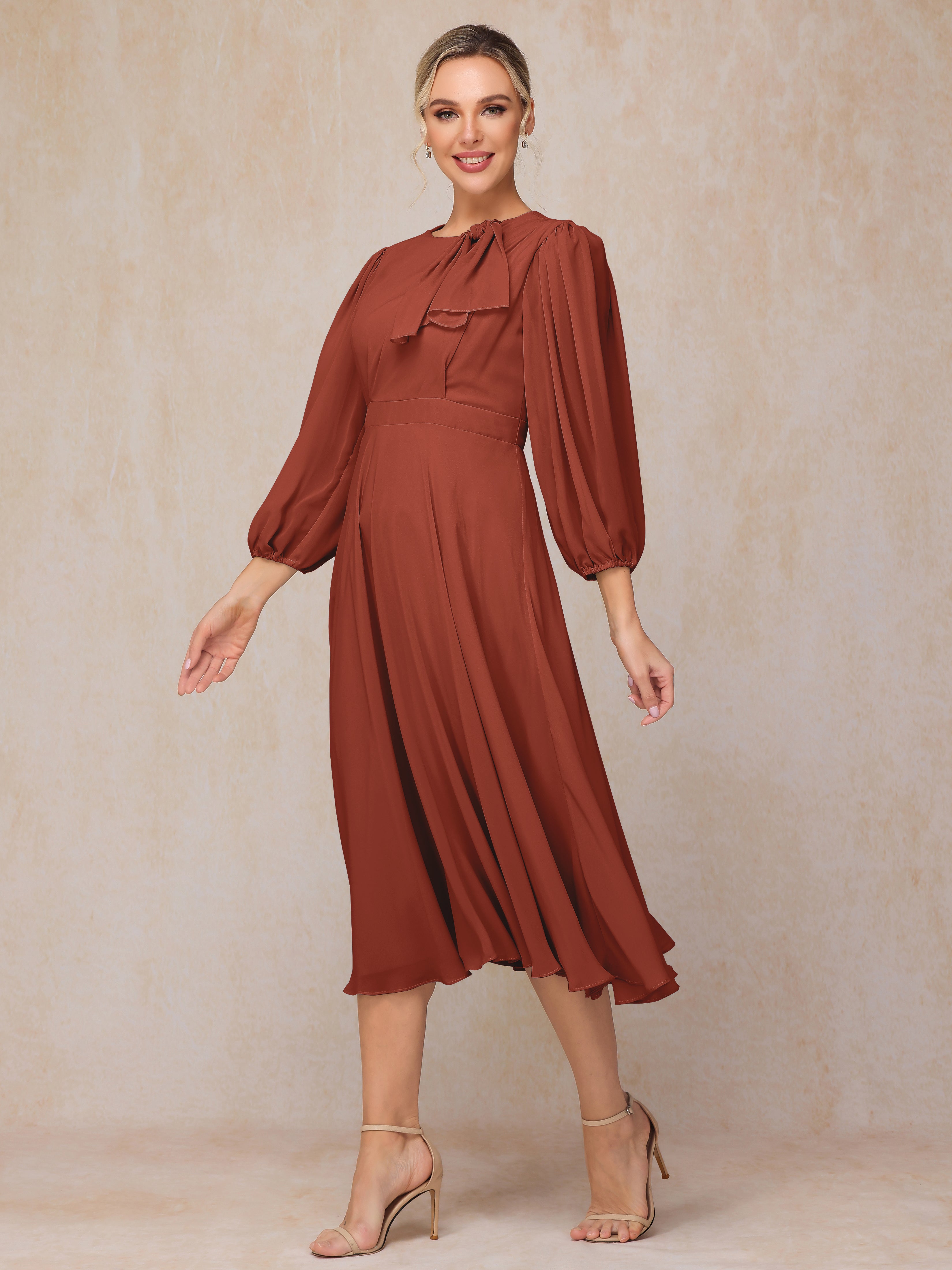 Long Sleeves A Line Tea Length Chiffon Wedding Guest Dresses