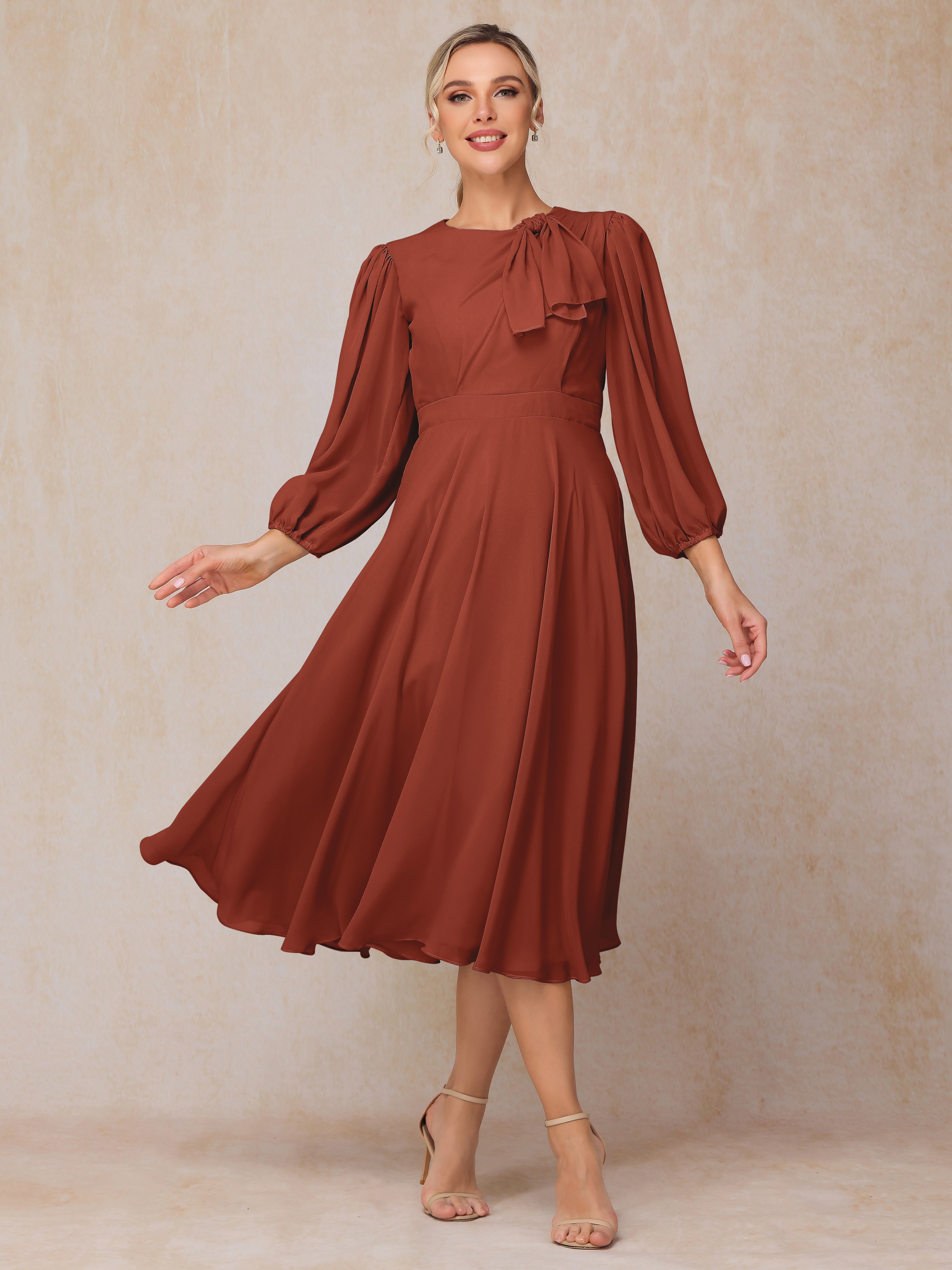 Long Sleeves A Line Tea Length Chiffon Wedding Guest Dresses