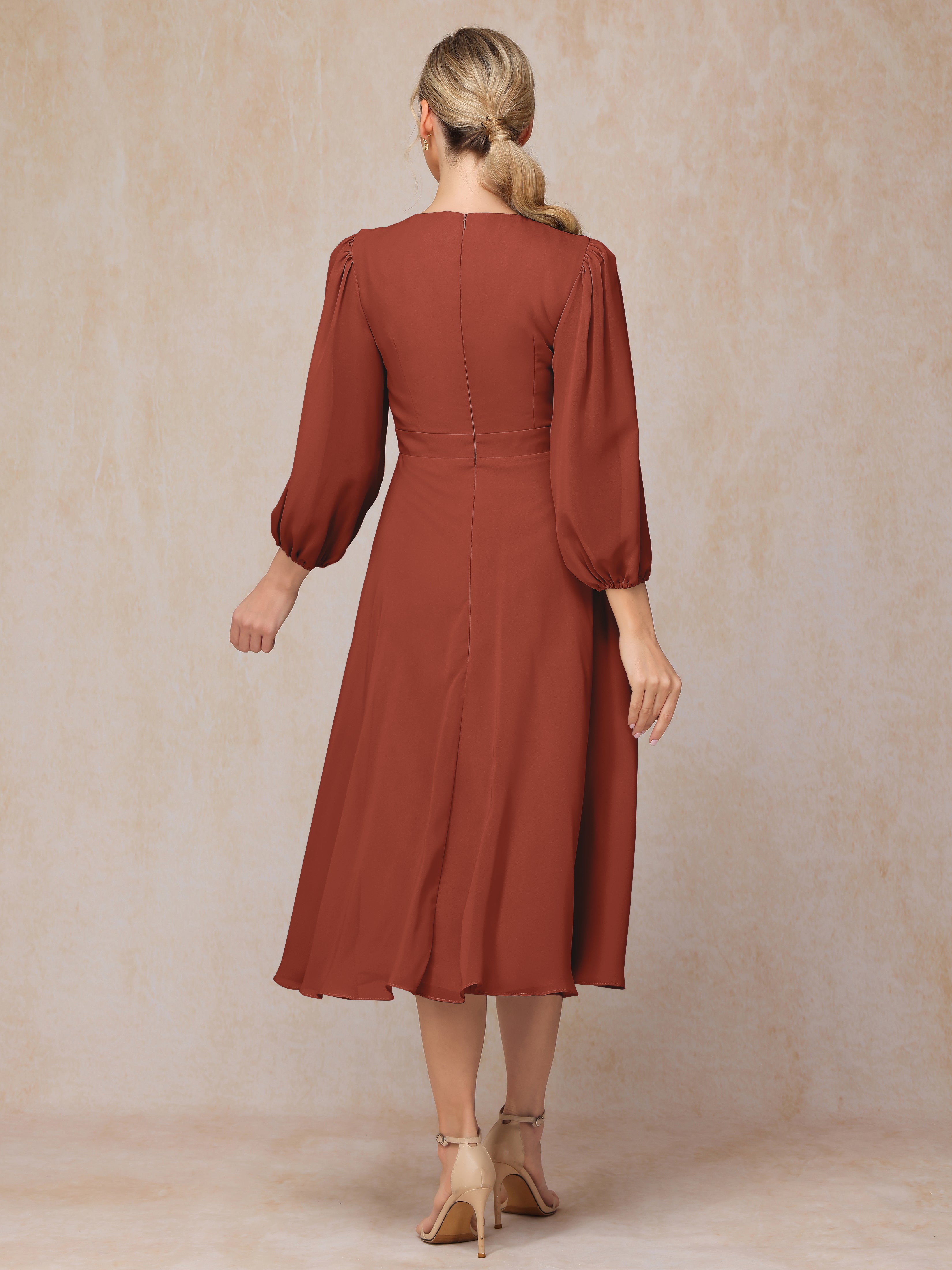 Long Sleeves A Line Tea Length Chiffon Wedding Guest Dresses