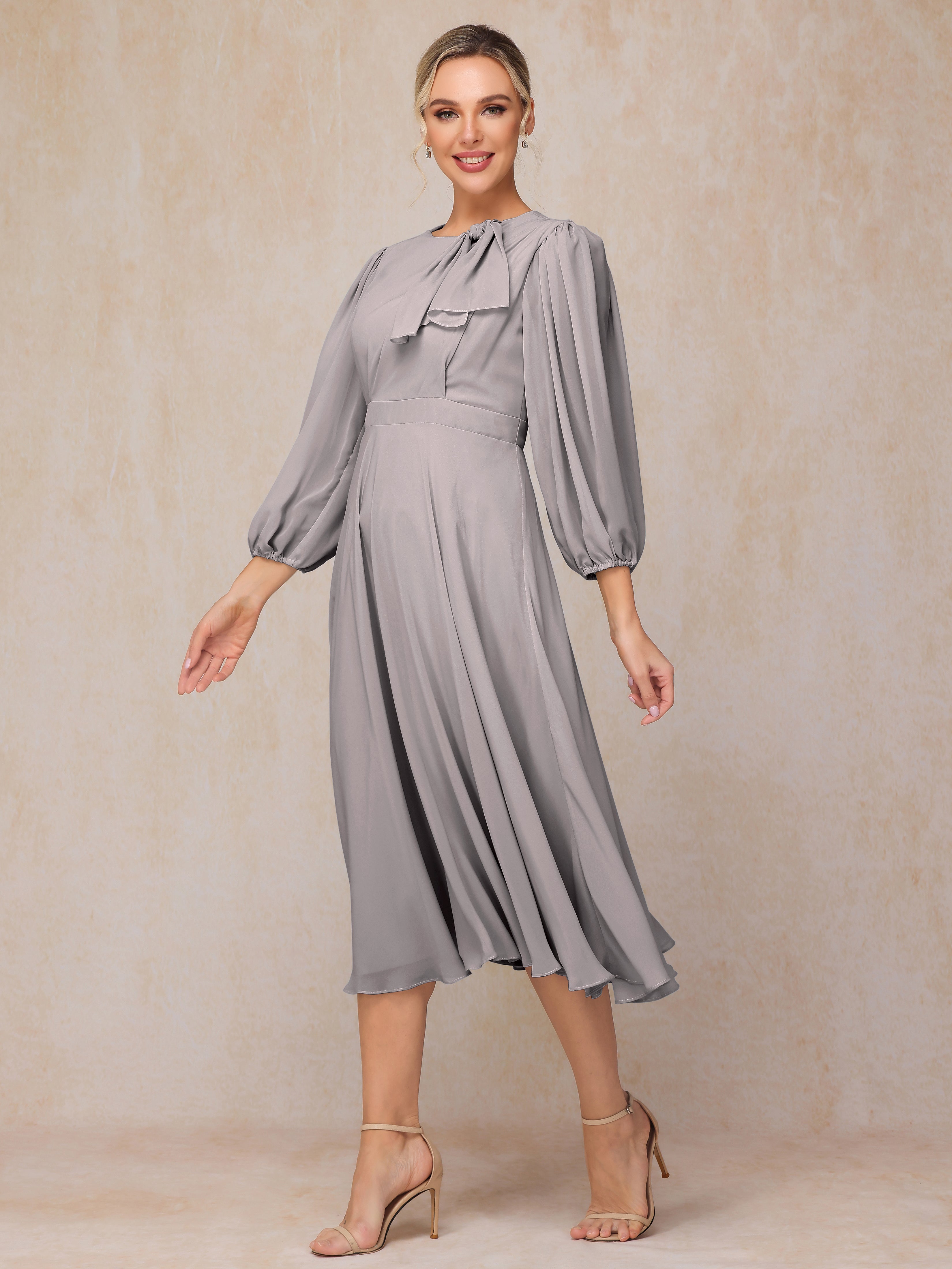 Long Sleeves A Line Tea Length Chiffon Wedding Guest Dresses