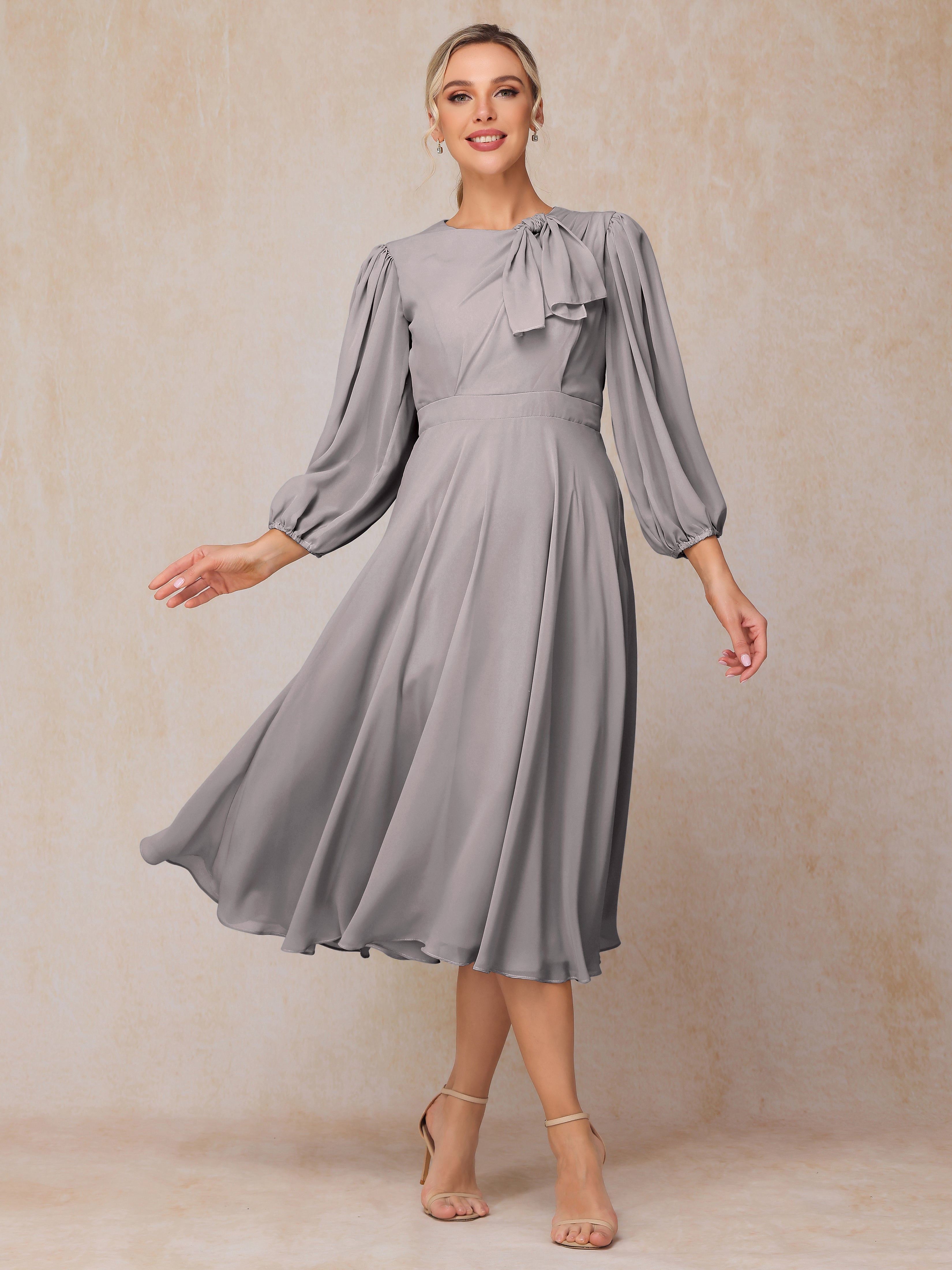 Long Sleeves A Line Tea Length Chiffon Wedding Guest Dresses