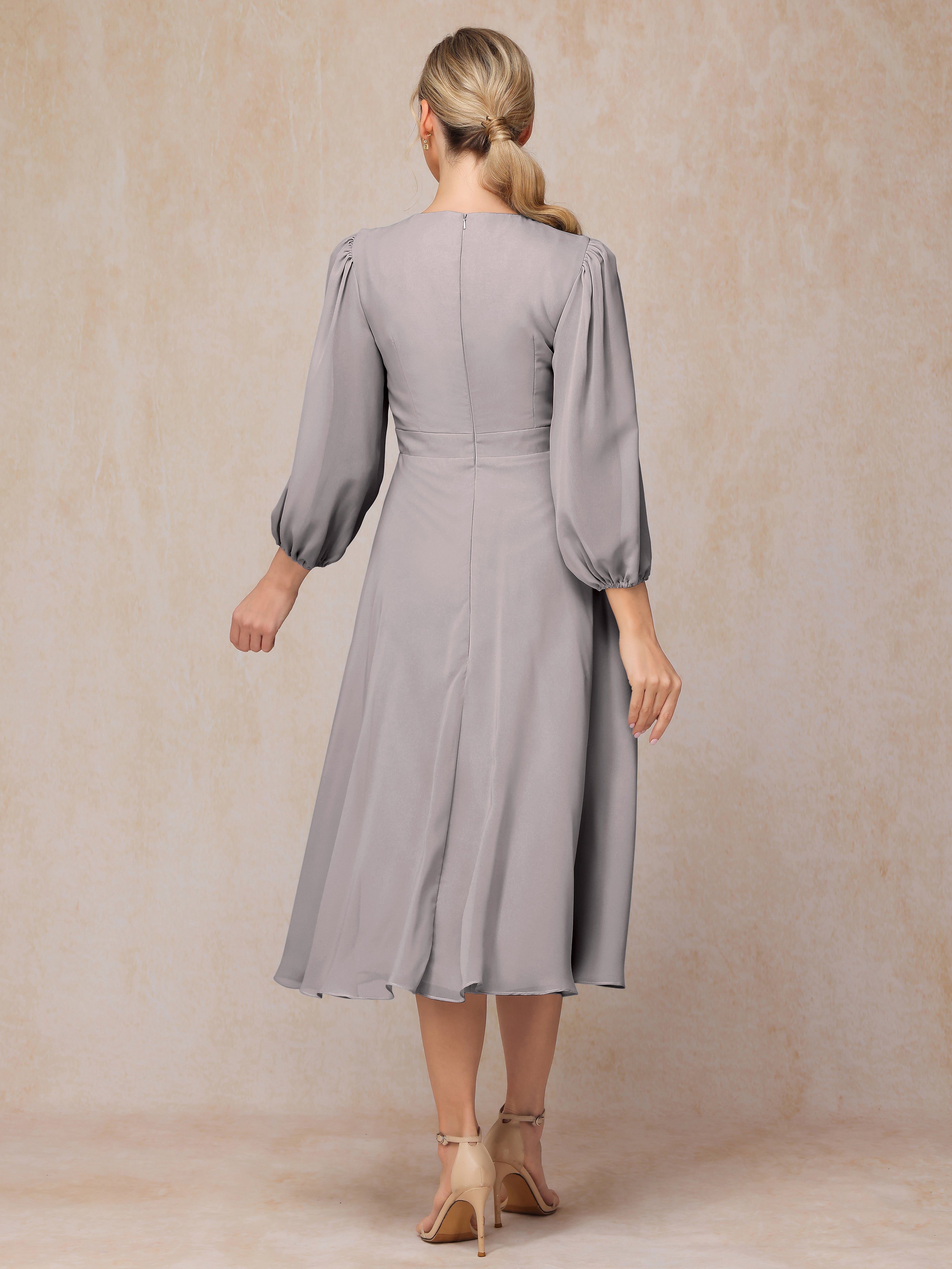 Long Sleeves A Line Tea Length Chiffon Wedding Guest Dresses