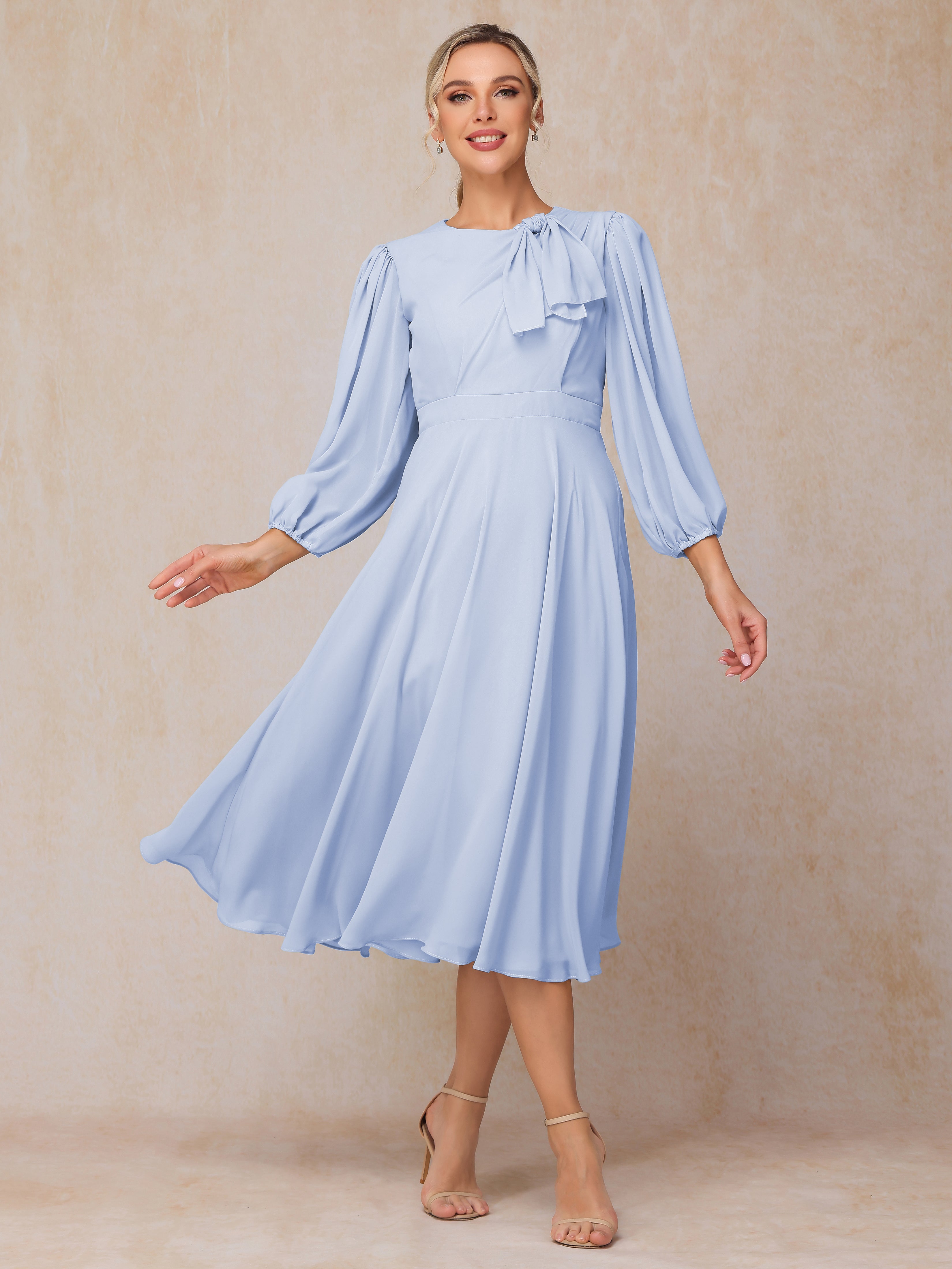 Long Sleeves A Line Tea Length Chiffon Wedding Guest Dresses