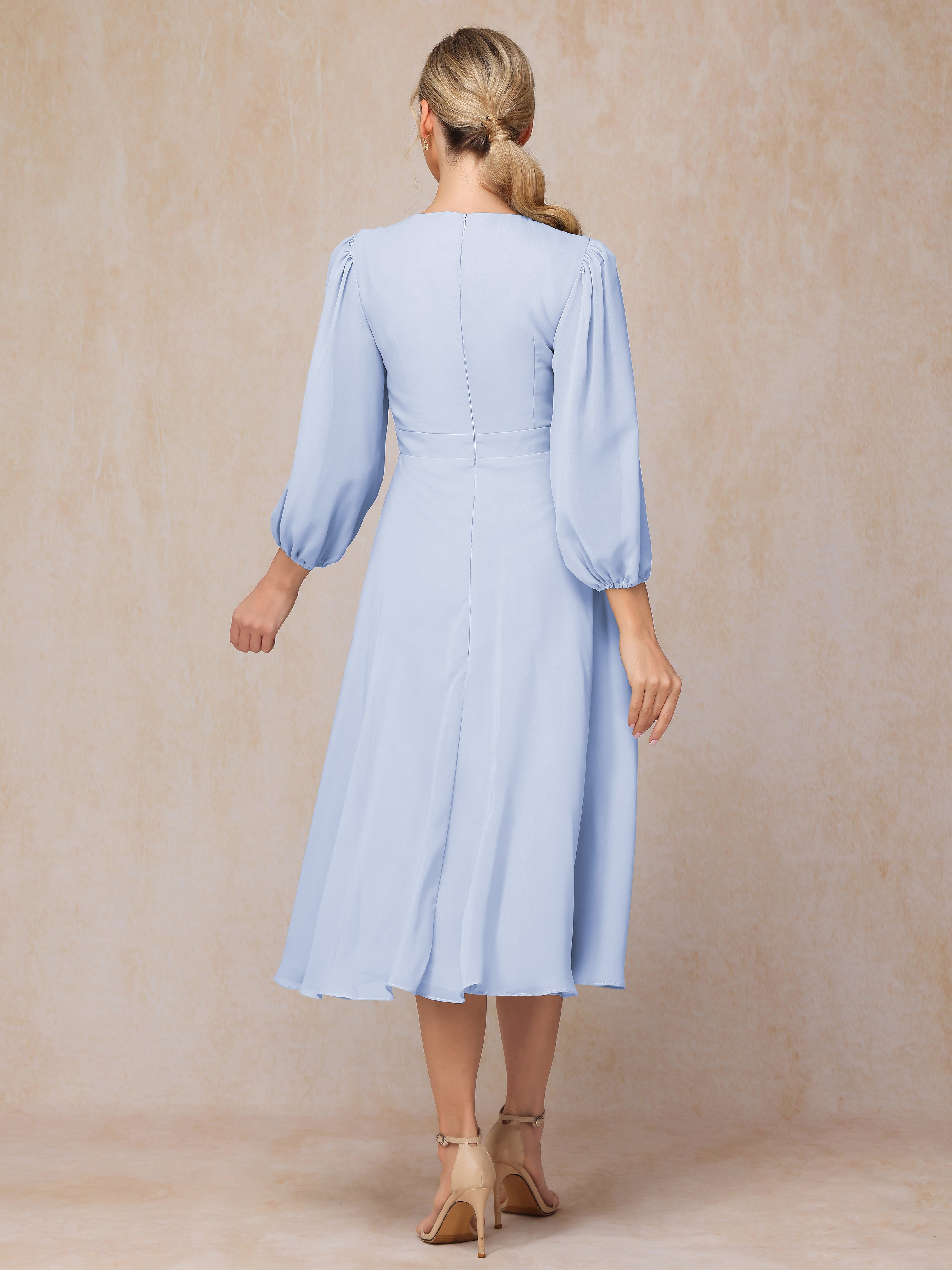 Long Sleeves A Line Tea Length Chiffon Wedding Guest Dresses