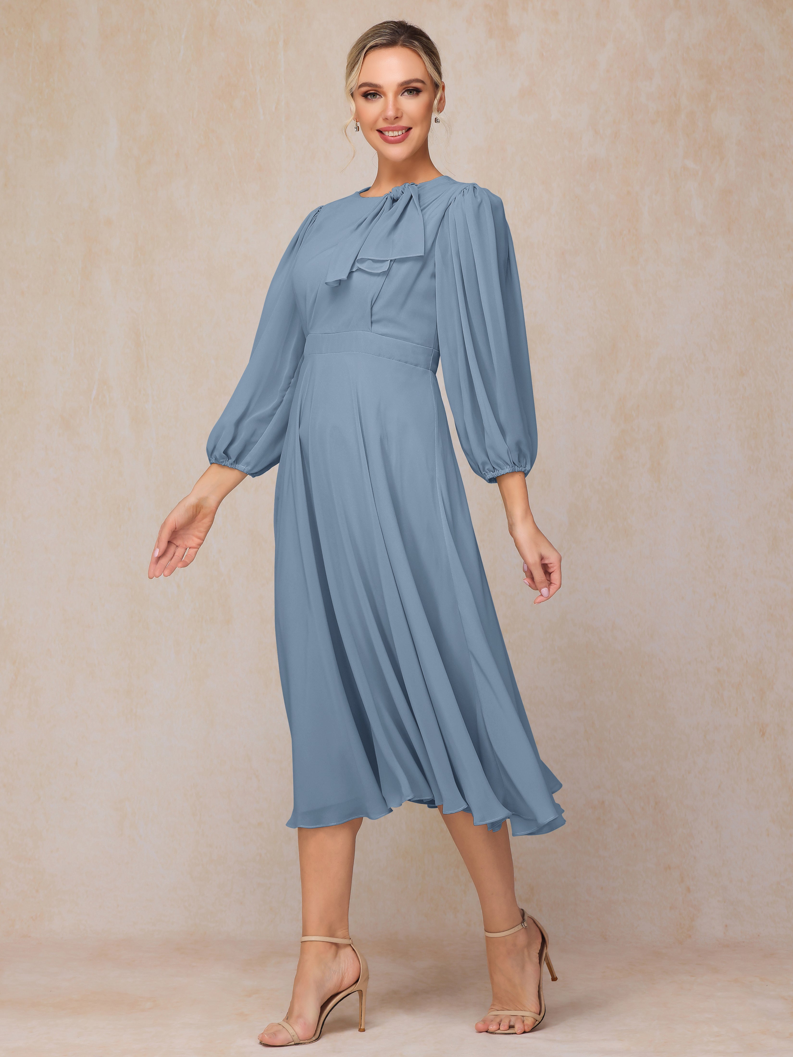 Long Sleeves A Line Tea Length Chiffon Wedding Guest Dresses