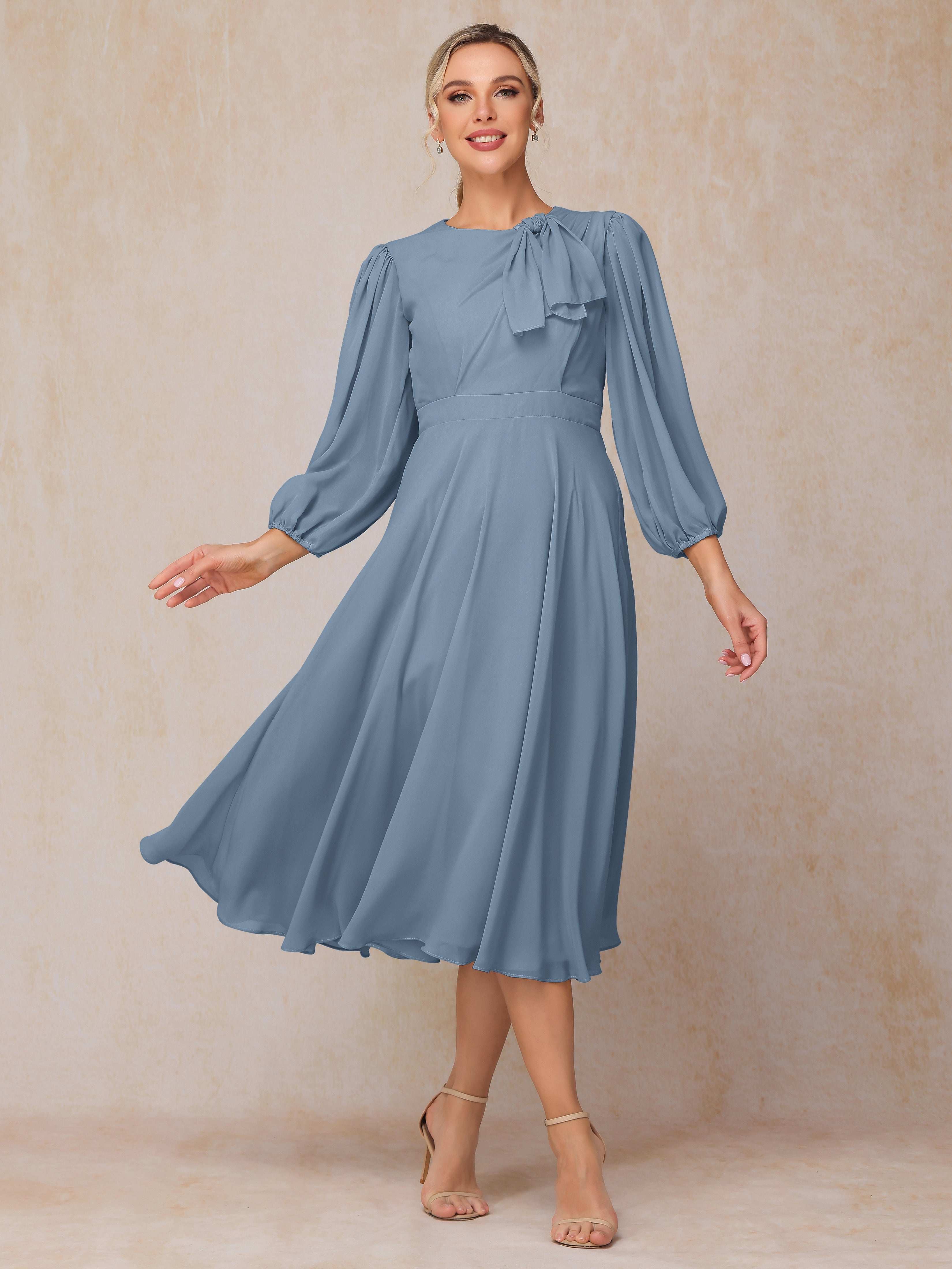 Long Sleeves A Line Tea Length Chiffon Wedding Guest Dresses